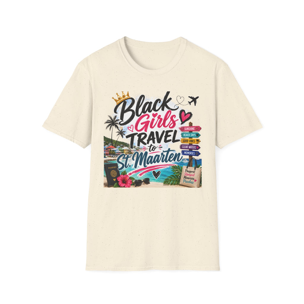 Black Girls Travel to St. Maarten Tee — Island Celebration Graphic, Lightweight OEKO-TEX® Cotton