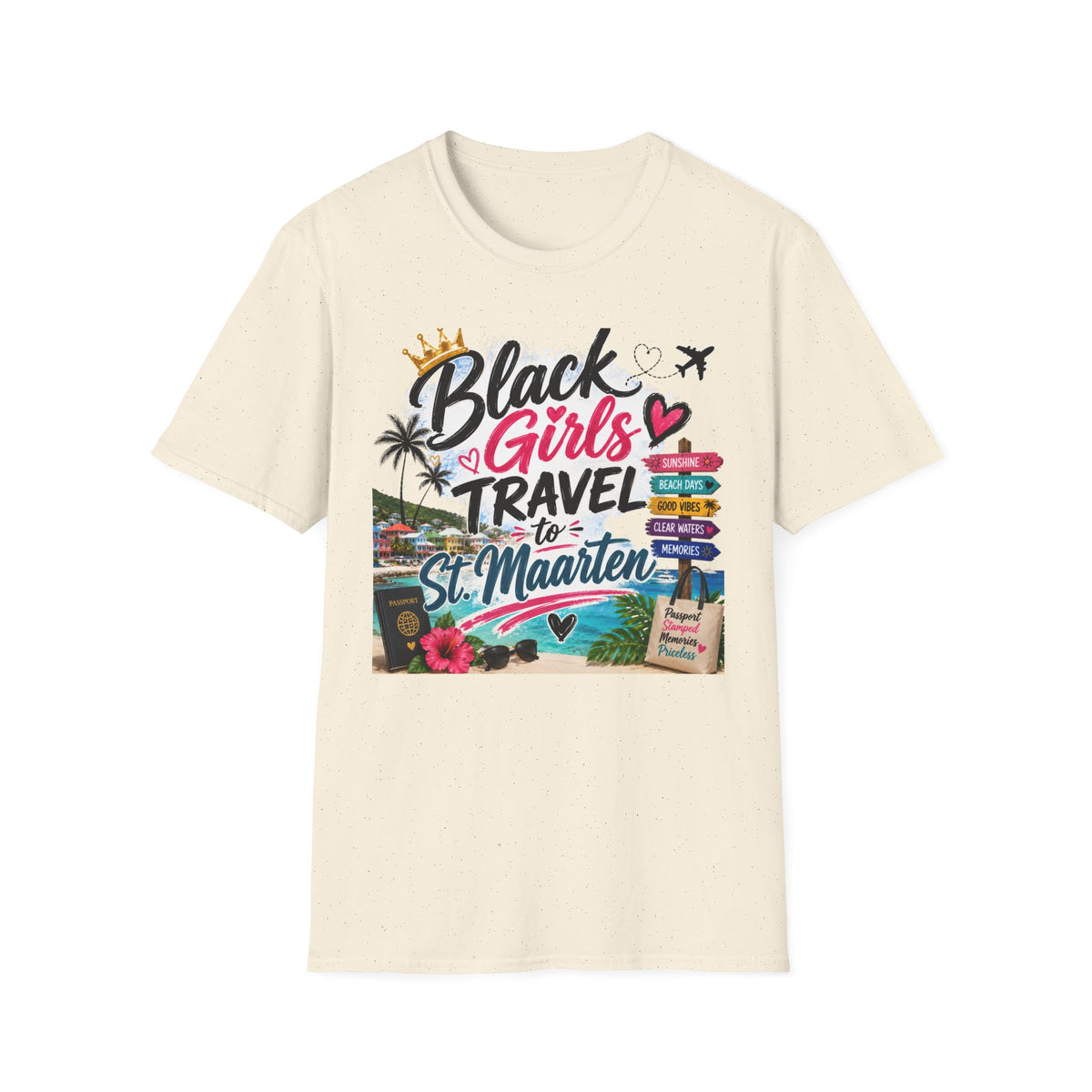 Black Girls Travel to St. Maarten Tee — Island Celebration Graphic, Lightweight OEKO-TEX® Cotton