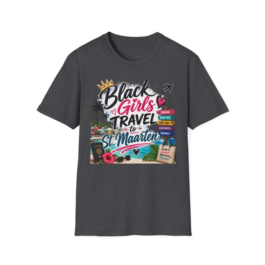 Black Girls Travel to St. Maarten Tee — Island Celebration Graphic, Lightweight OEKO-TEX® Cotton