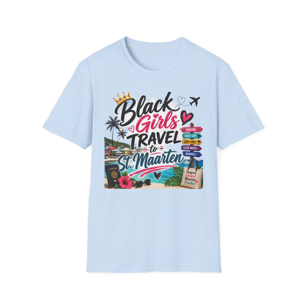 Black Girls Travel to St. Maarten Tee — Island Celebration Graphic, Lightweight OEKO-TEX® Cotton