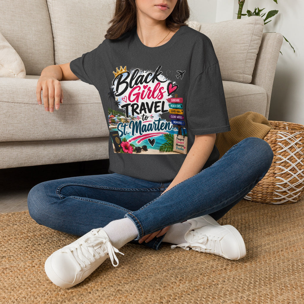 Black Girls Travel to St. Maarten Tee — Island Celebration Graphic, Lightweight OEKO-TEX® Cotton