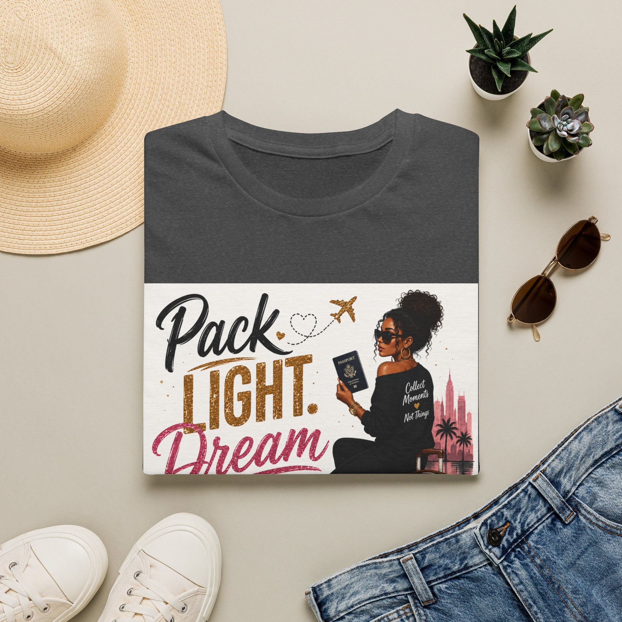 Pack Light Dream Big Travel T-Shirt — Inspirational Vacation Tee for Women