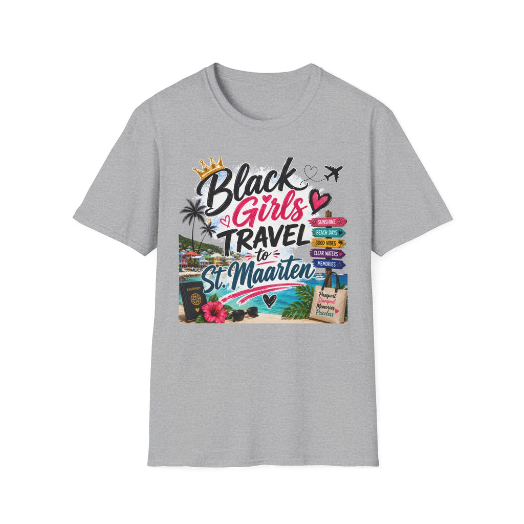 Black Girls Travel to St. Maarten Tee — Island Celebration Graphic, Lightweight OEKO-TEX® Cotton