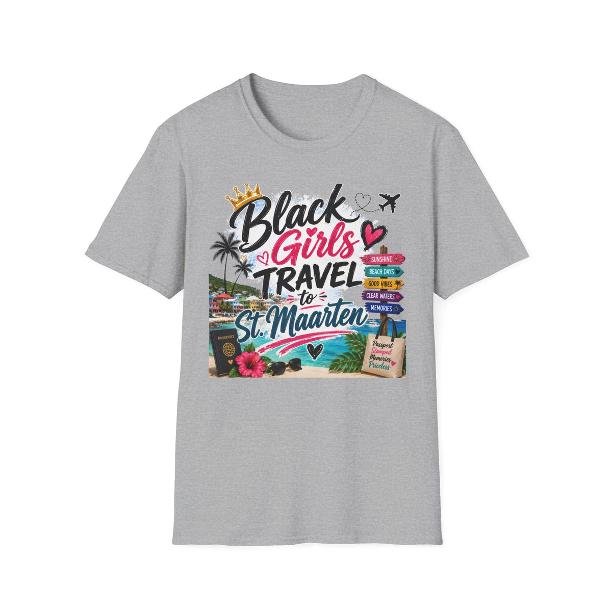 Black Girls Travel to St. Maarten Tee — Island Celebration Graphic, Lightweight OEKO-TEX® Cotton