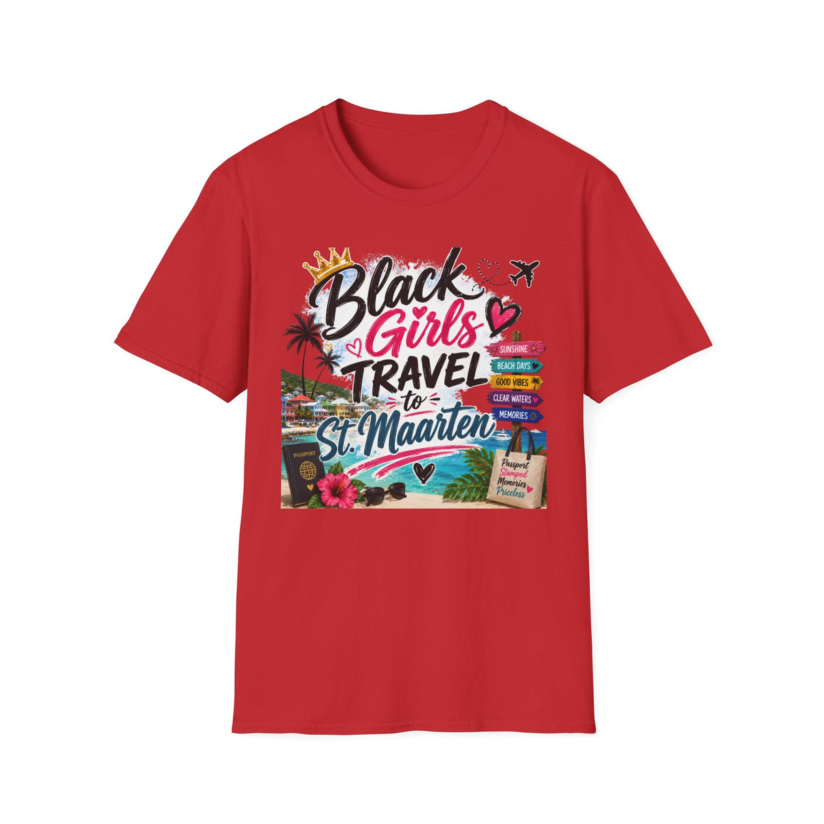 Black Girls Travel to St. Maarten Tee — Island Celebration Graphic, Lightweight OEKO-TEX® Cotton