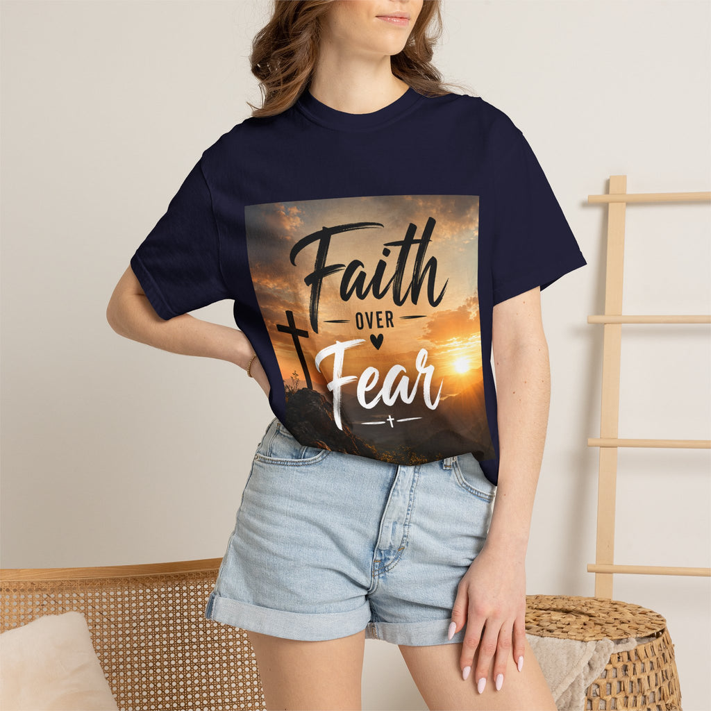 Faith Over Fear T-Shirt — Inspirational Christian Tee with Sunrise Cross Design