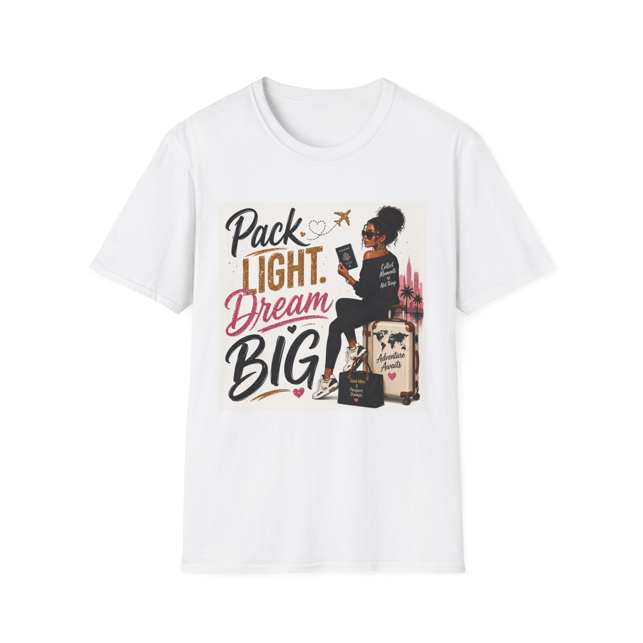 Pack Light Dream Big Travel T-Shirt — Inspirational Vacation Tee for Women