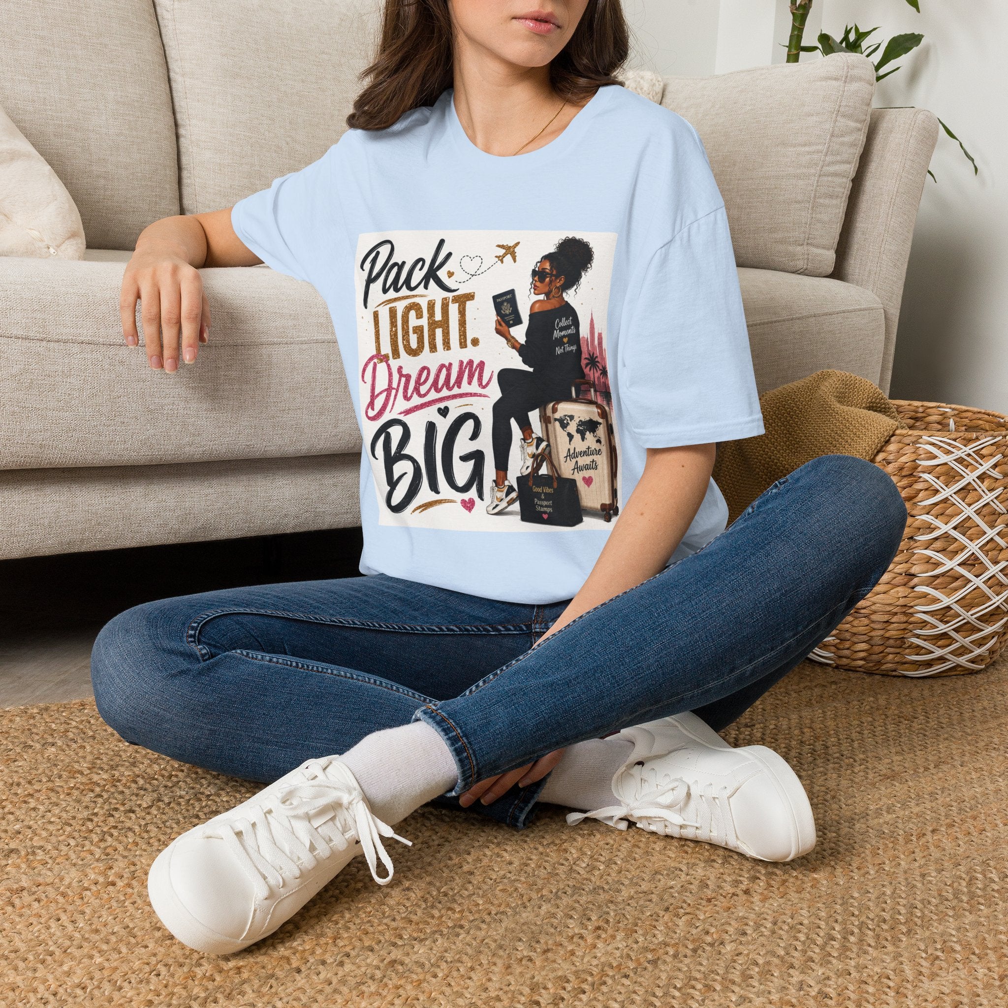 Pack Light Dream Big Travel T-Shirt — Inspirational Vacation Tee for Women