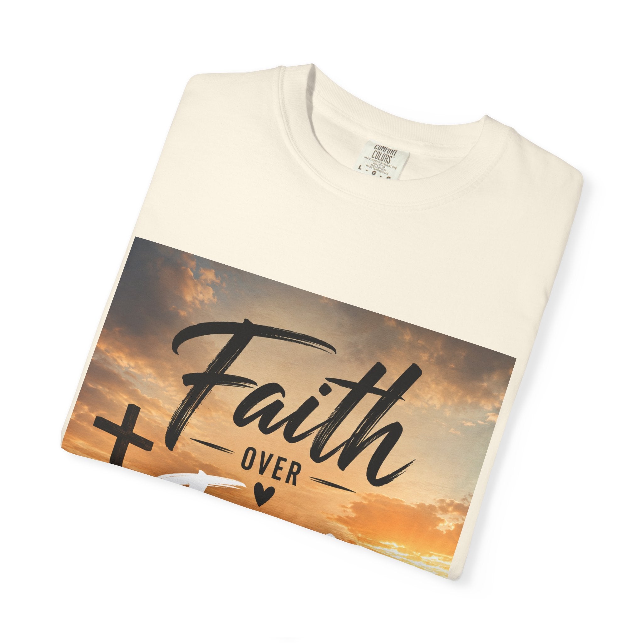 Faith Over Fear T-Shirt — Inspirational Christian Tee with Sunrise Cross Design