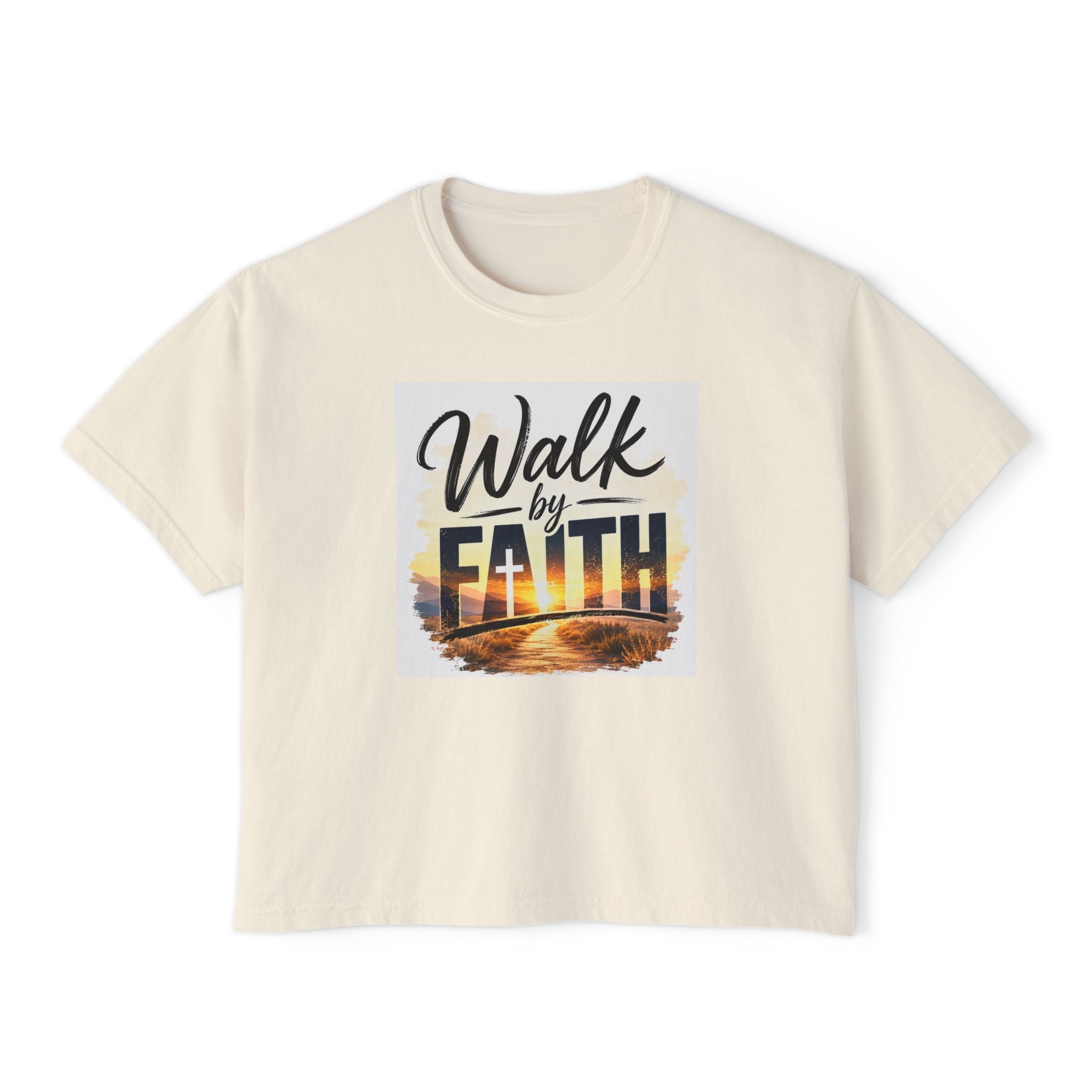 Wear Your Moment Women's Boxy Crop T-Shirt – Walk by Faith Sunset Design, Pigment-Dyed, Sizes S–4XL