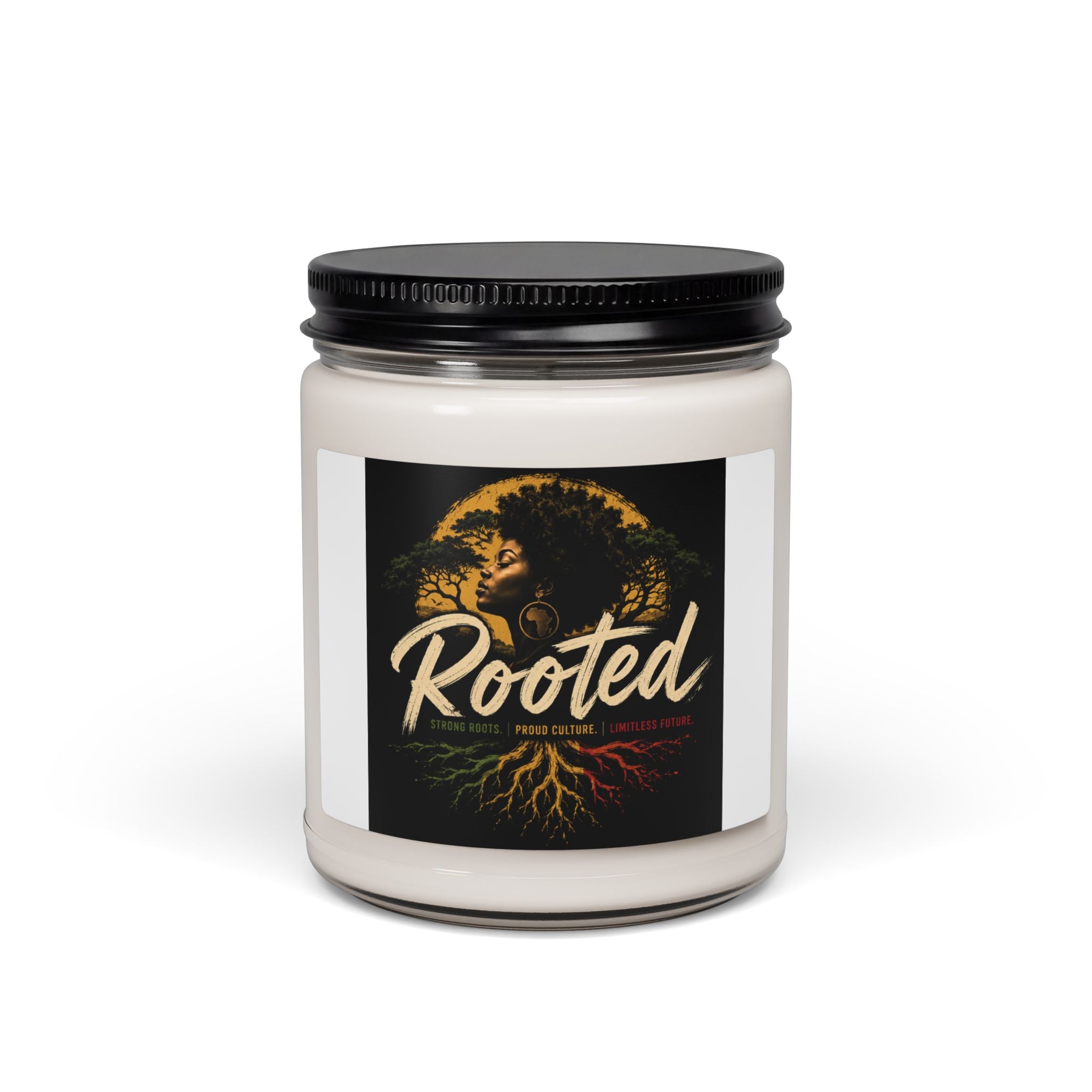 Rooted Soy Candle — 9oz Scented Jar Candle with Afro Tree Design