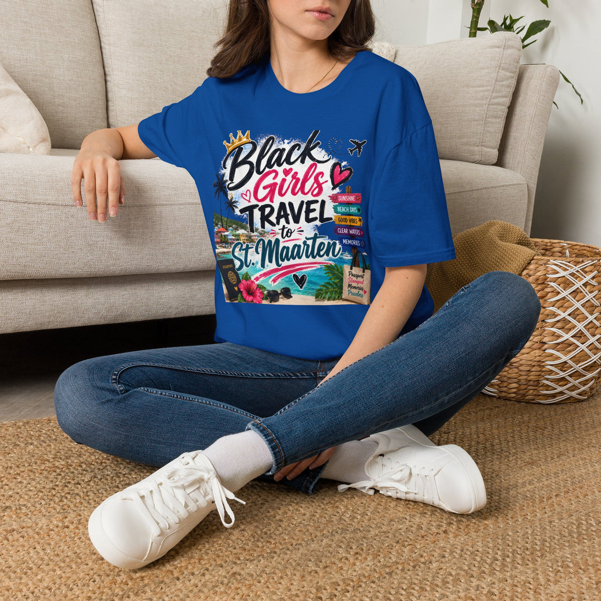 Black Girls Travel to St. Maarten Tee — Island Celebration Graphic, Lightweight OEKO-TEX® Cotton