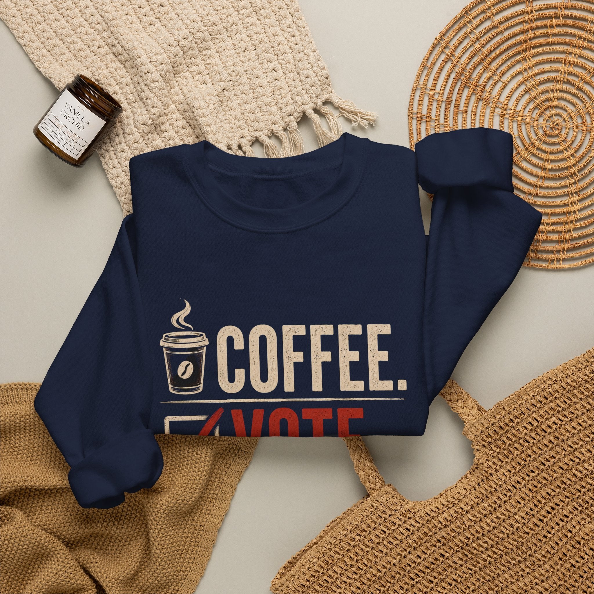 Crewneck Sweatshirt — Coffee. Vote. Repeat. Graphic Pullover