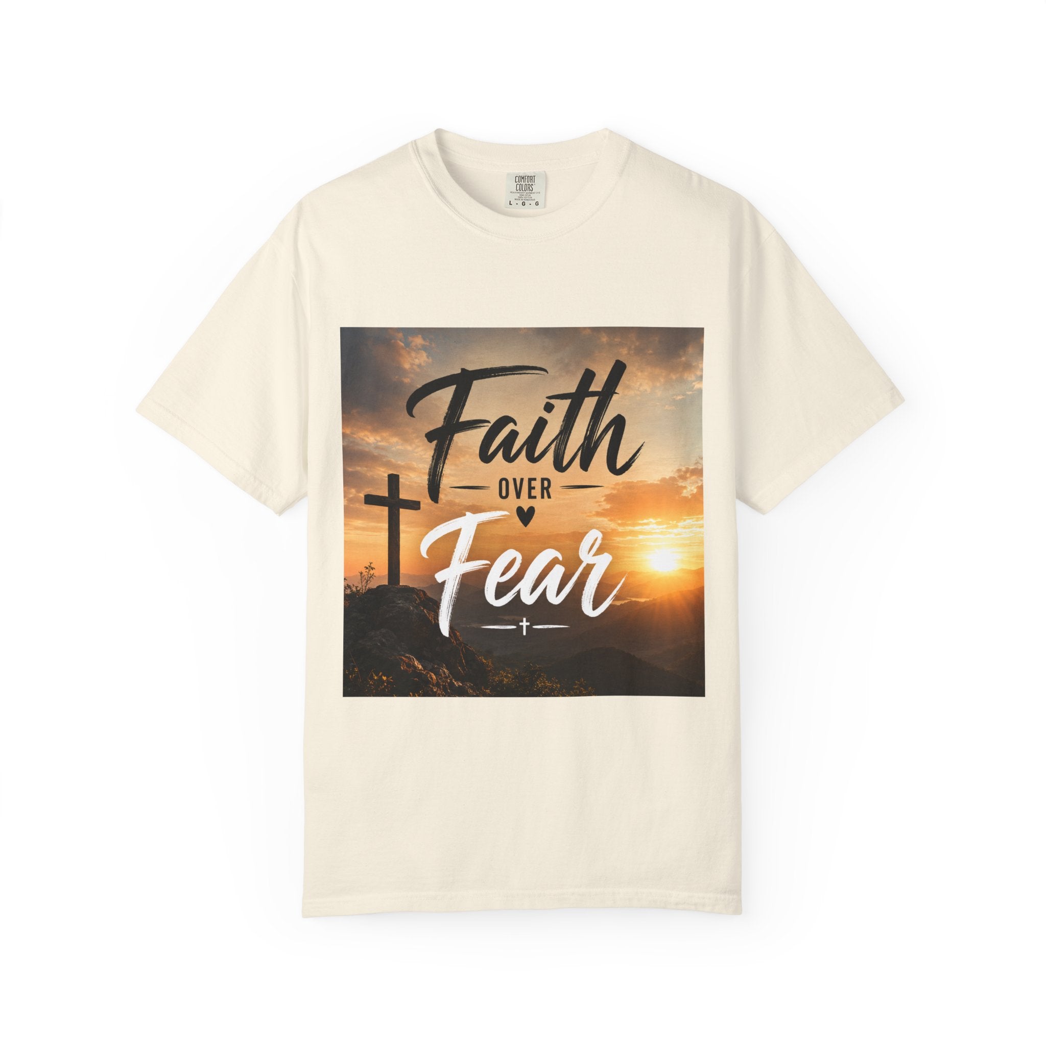 Faith Over Fear T-Shirt — Inspirational Christian Tee with Sunrise Cross Design