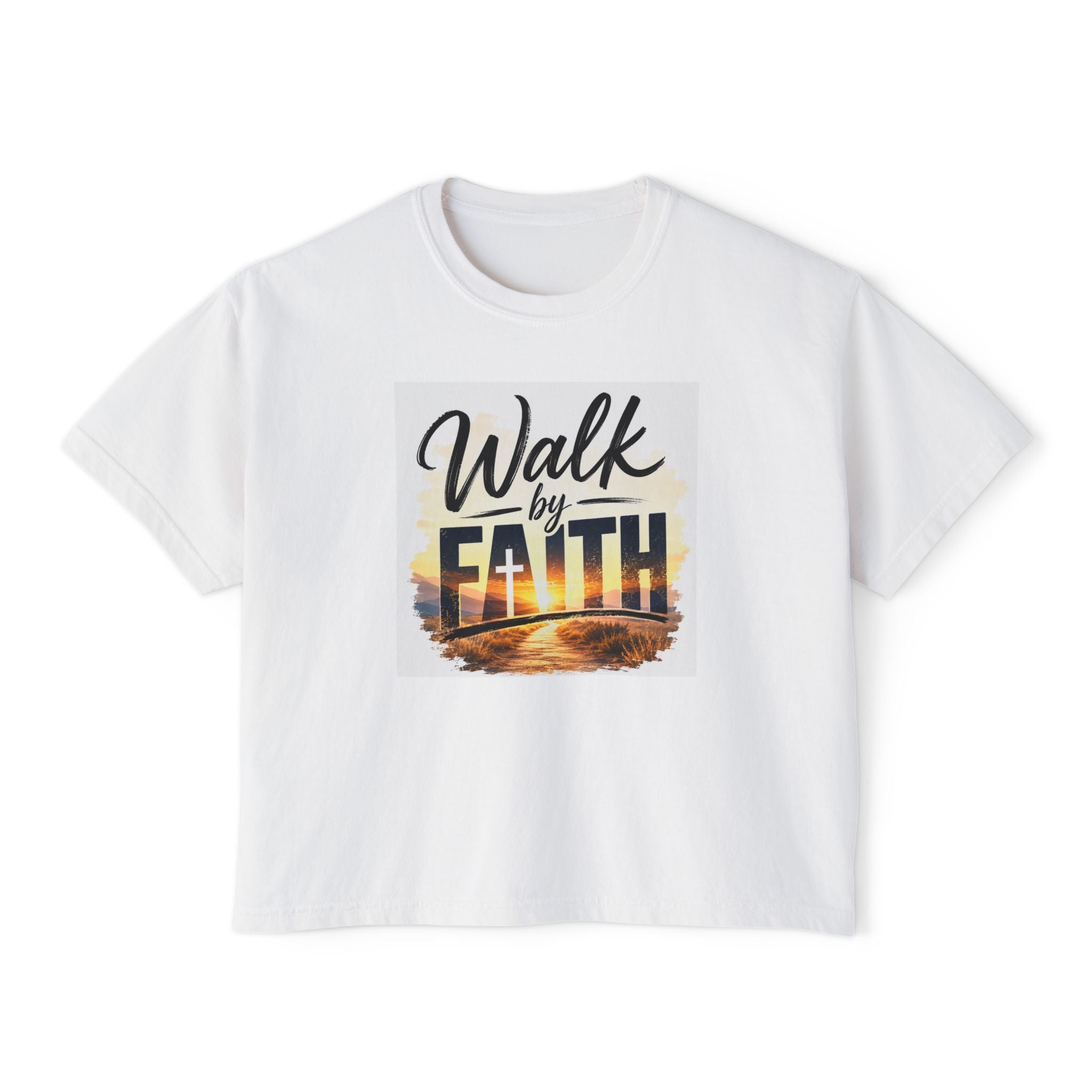 Wear Your Moment Women's Boxy Crop T-Shirt – Walk by Faith Sunset Design, Pigment-Dyed, Sizes S–4XL