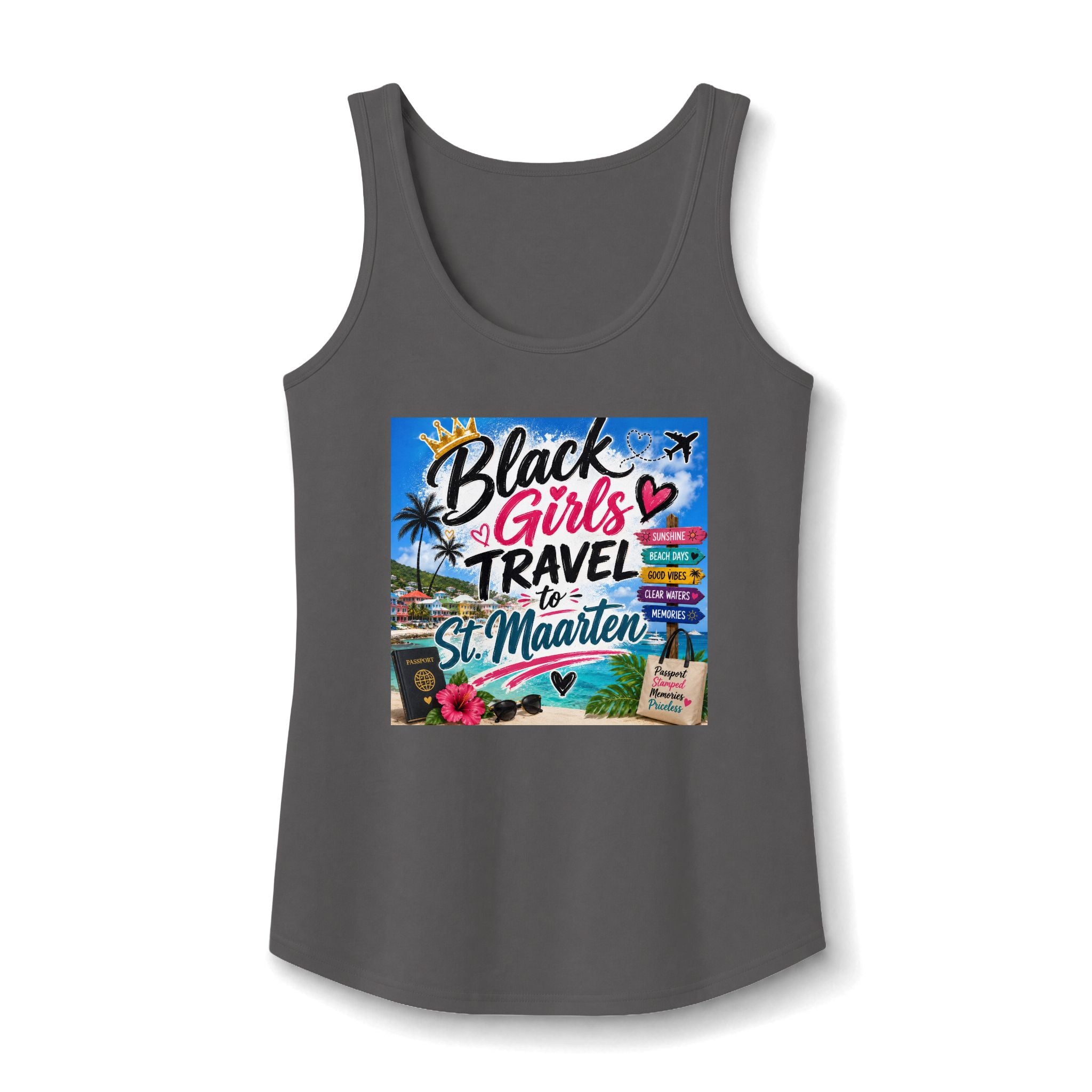 Black Girls Travel to St. Maarten Tank Top — Tropical Vacation Graphic Tank