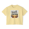 Walk by Faith Women's Boxy Tee — Inspirational Christian Shirt with Sunset Design