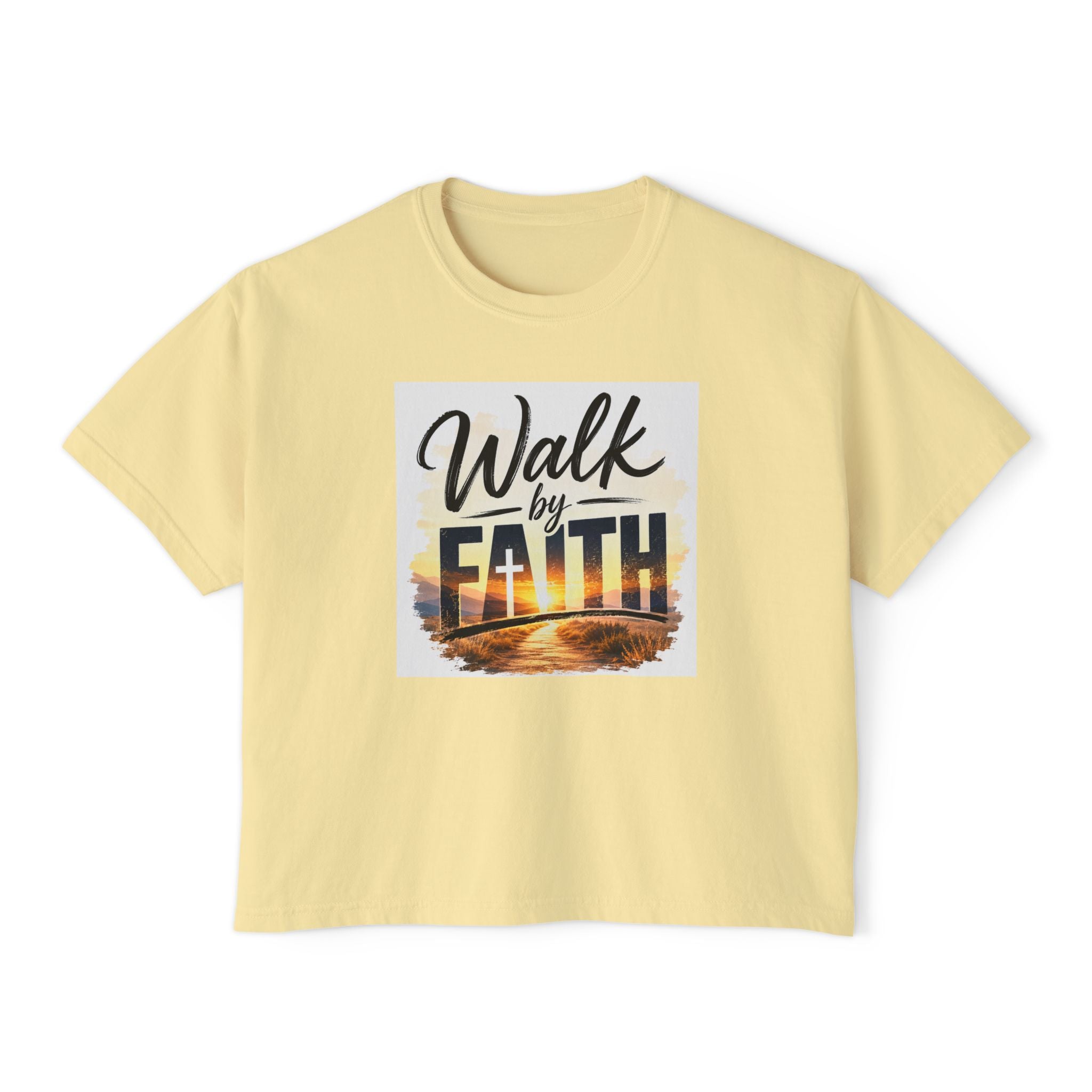 Walk by Faith Women's Boxy Tee — Inspirational Christian Shirt with Sunset Design