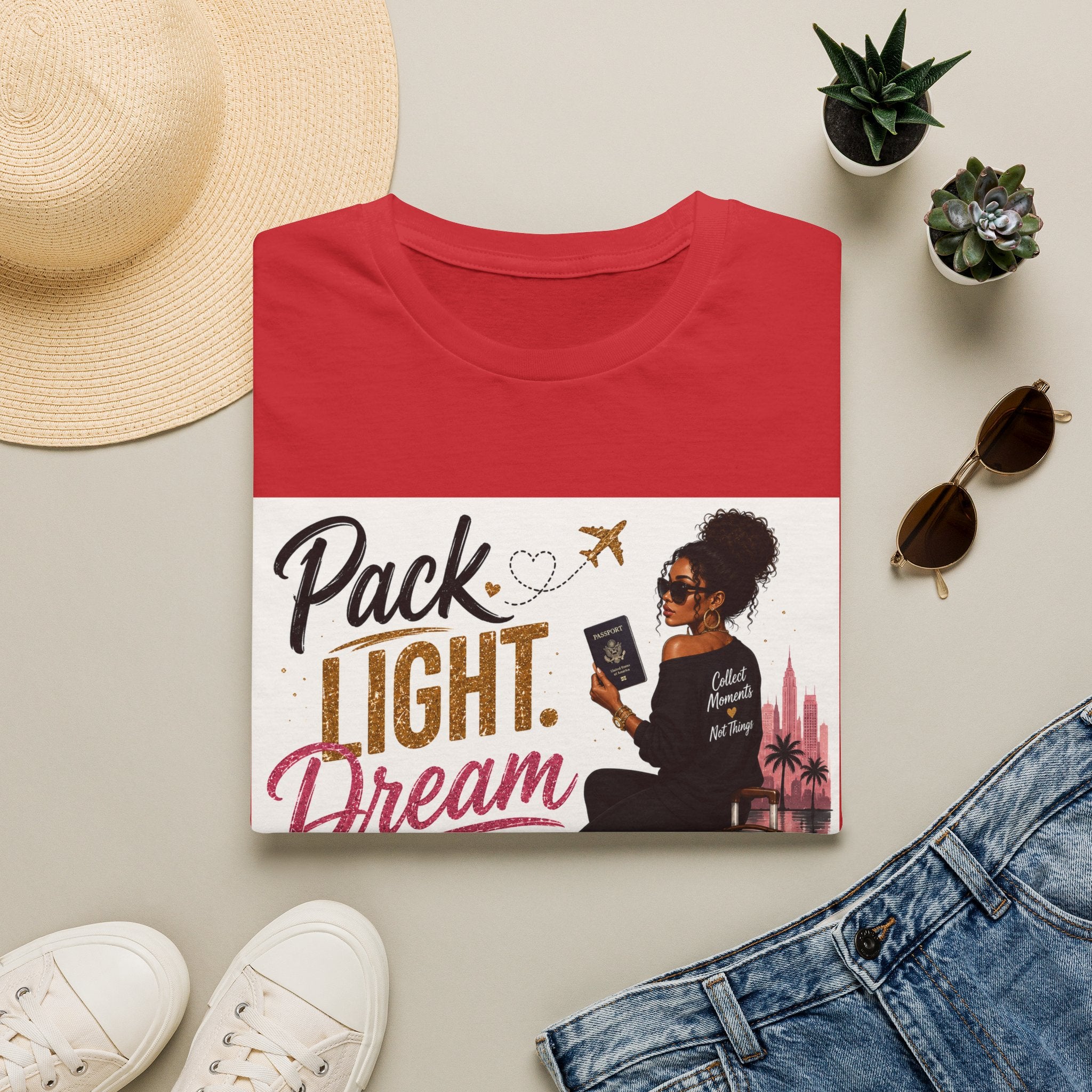 Pack Light Dream Big Travel T-Shirt — Inspirational Vacation Tee for Women