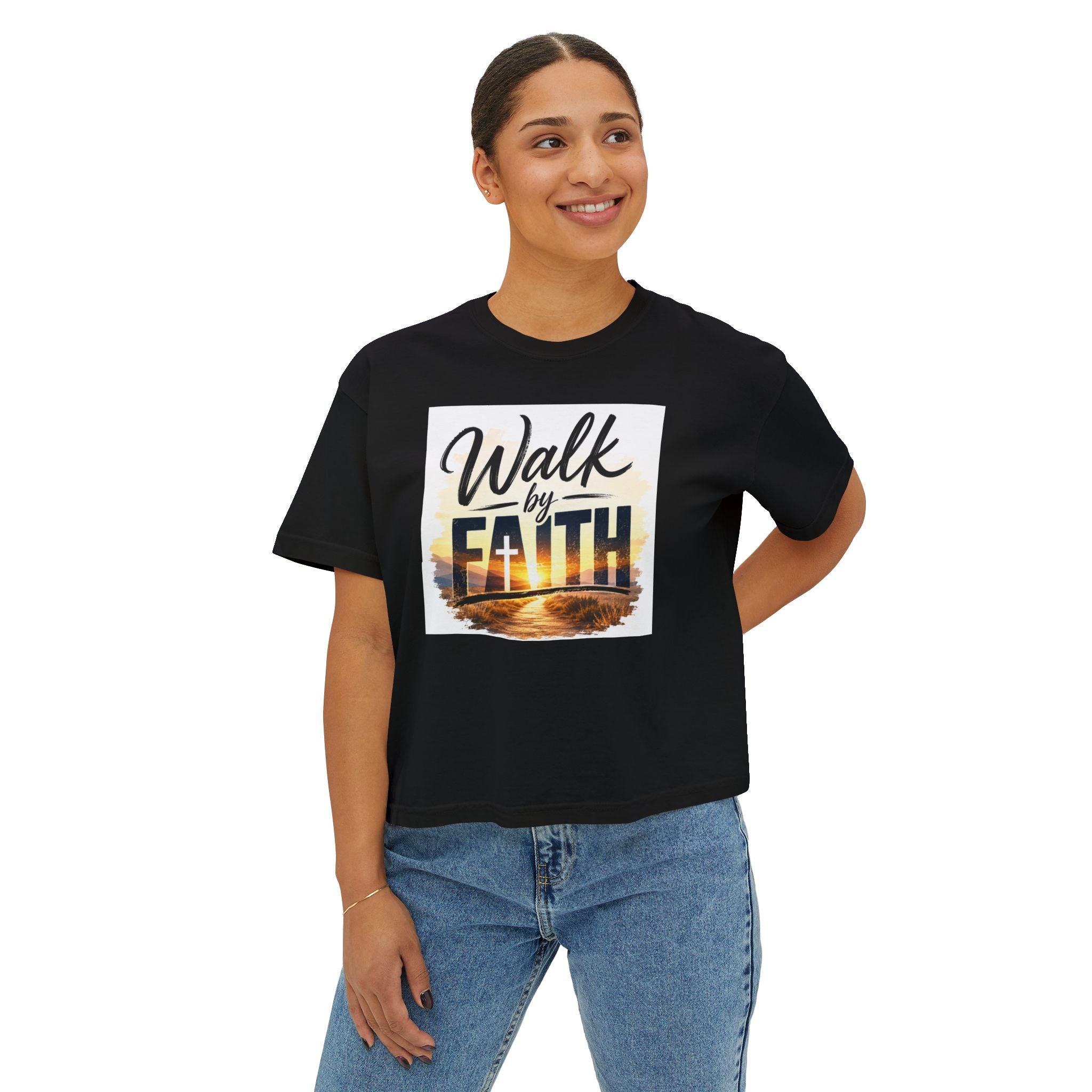 Walk by Faith Women's Boxy Tee — Inspirational Christian Shirt with Sunset Design
