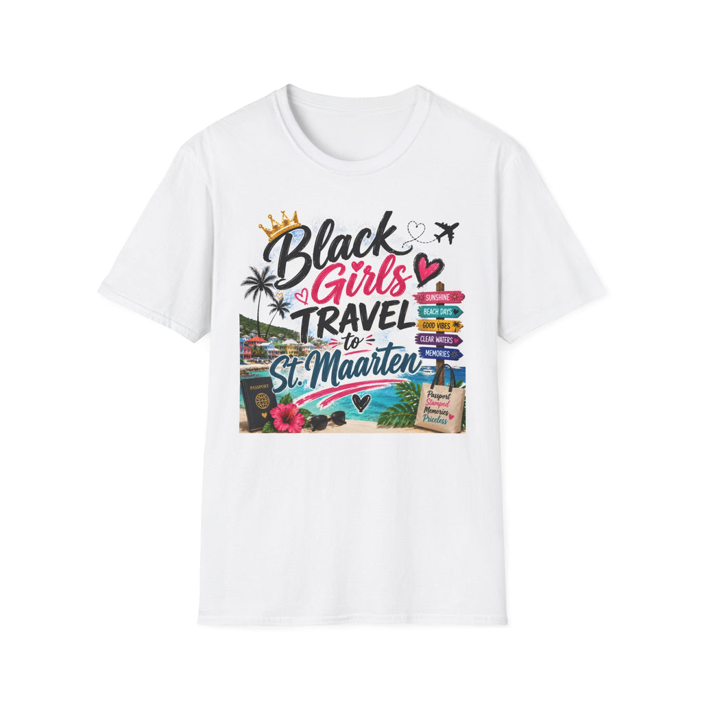 Black Girls Travel to St. Maarten Tee — Island Celebration Graphic, Lightweight OEKO-TEX® Cotton