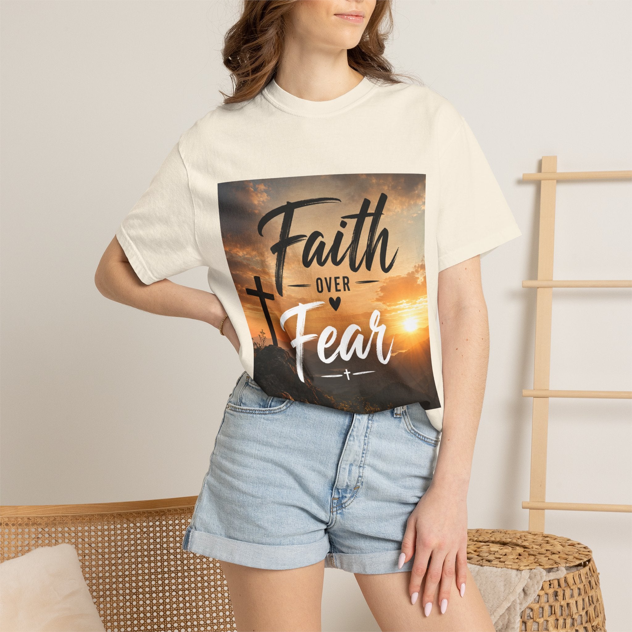 Faith Over Fear T-Shirt — Inspirational Christian Tee with Sunrise Cross Design