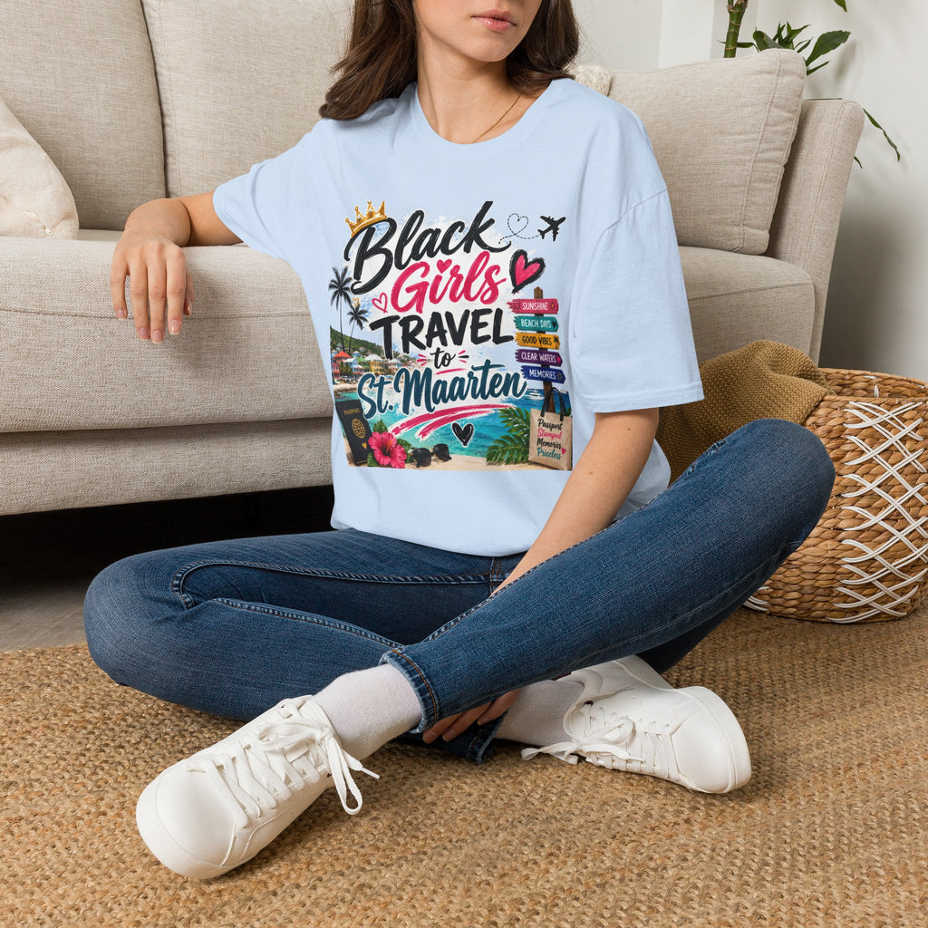 Black Girls Travel to St. Maarten Tee — Island Celebration Graphic, Lightweight OEKO-TEX® Cotton