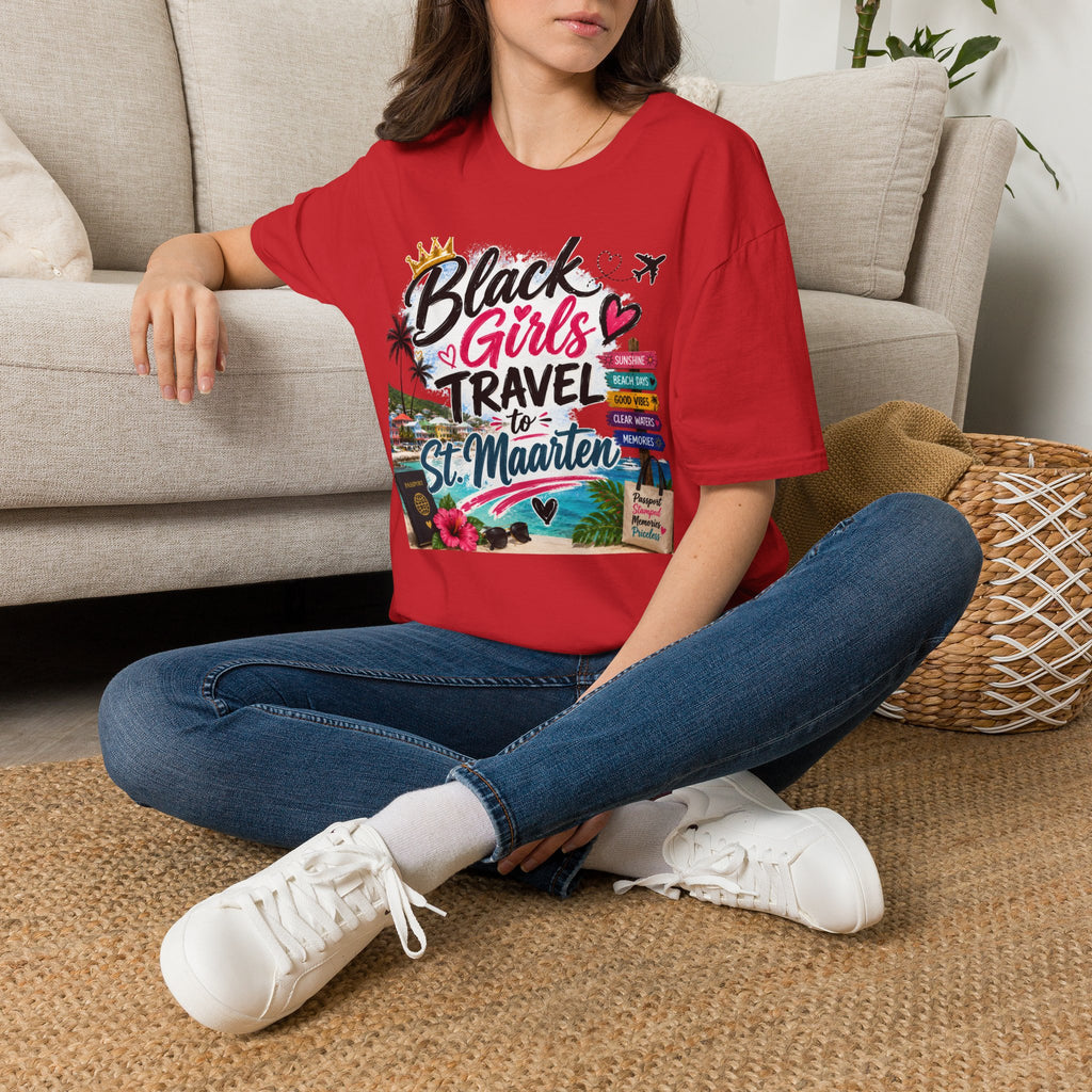 Black Girls Travel to St. Maarten Tee — Island Celebration Graphic, Lightweight OEKO-TEX® Cotton