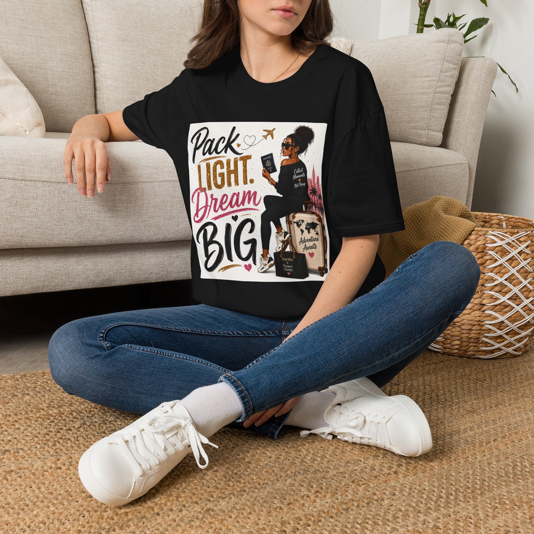 Pack Light Dream Big Travel T-Shirt — Inspirational Vacation Tee for Women