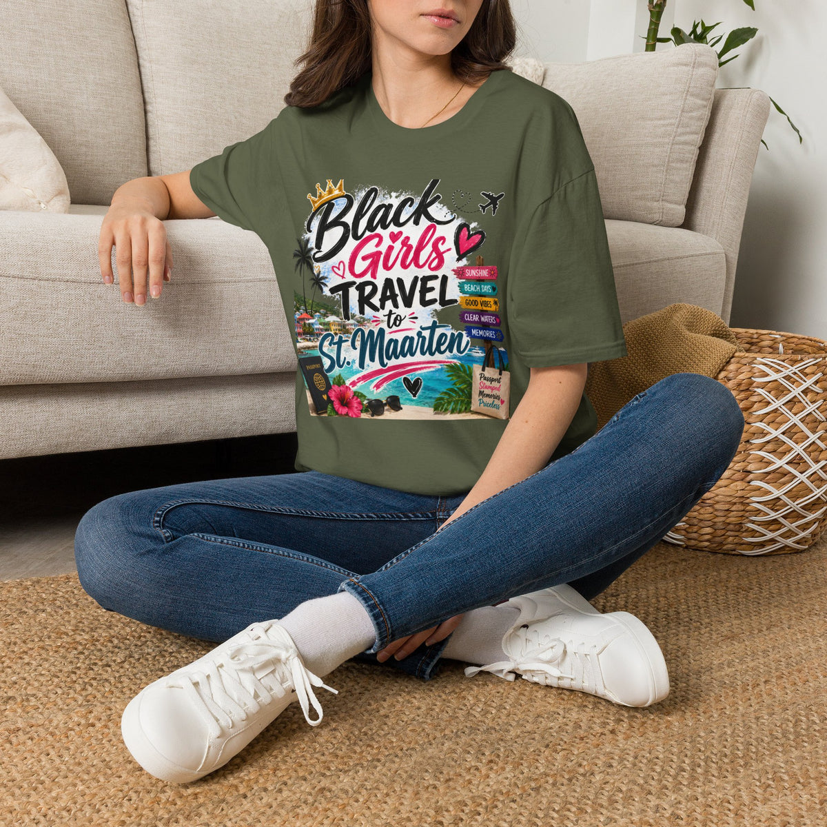 Black Girls Travel to St. Maarten Tee — Island Celebration Graphic, Lightweight OEKO-TEX® Cotton