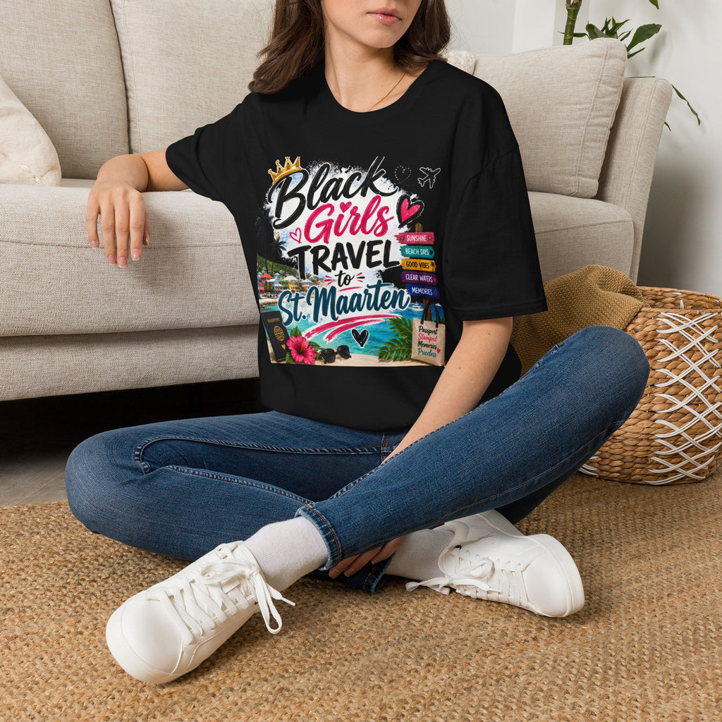 Black Girls Travel to St. Maarten Tee — Island Celebration Graphic, Lightweight OEKO-TEX® Cotton