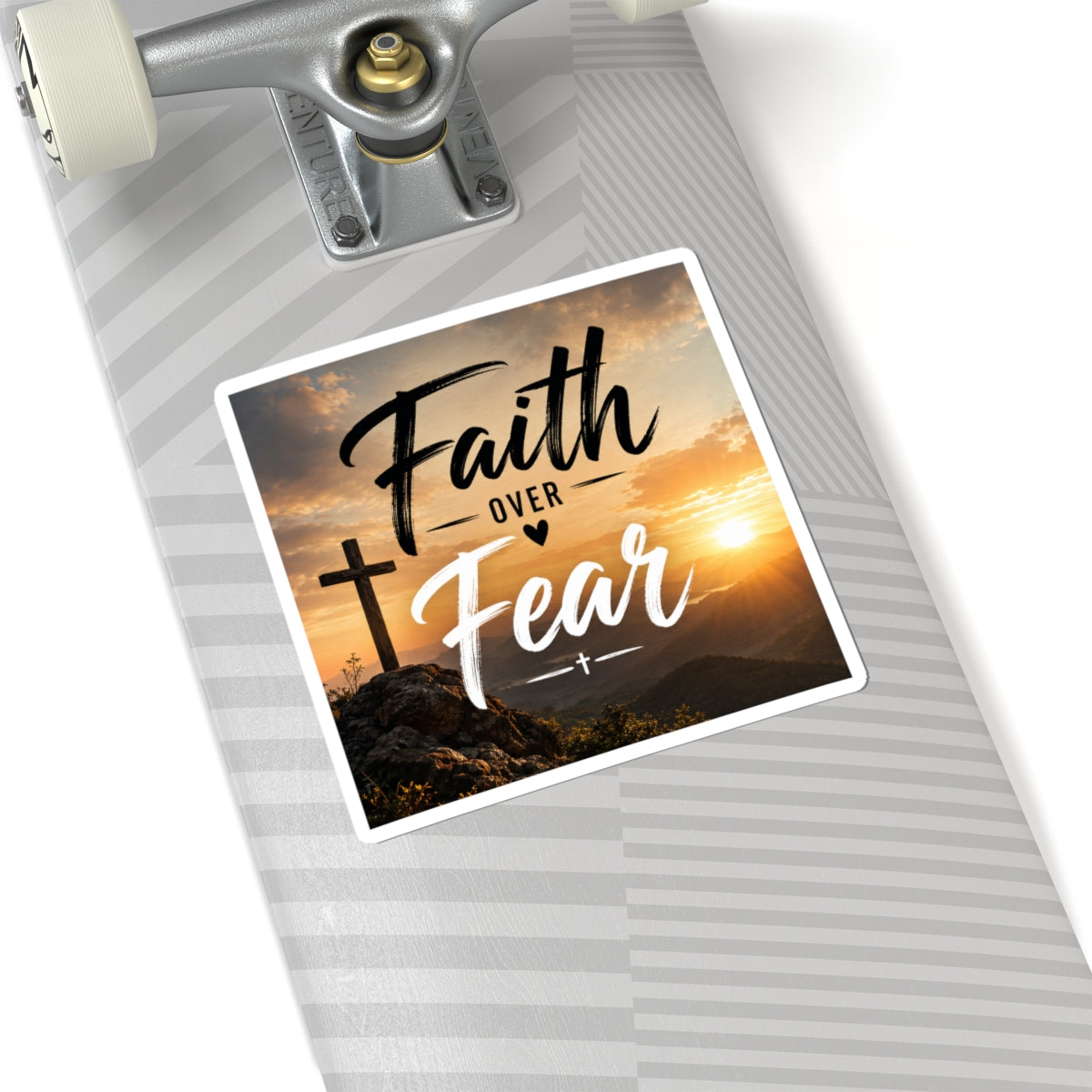 Wear Your Moment Faith Over Fear Kiss-Cut Vinyl Sticker – Sunrise Cross, 4 Sizes, Christian Decal