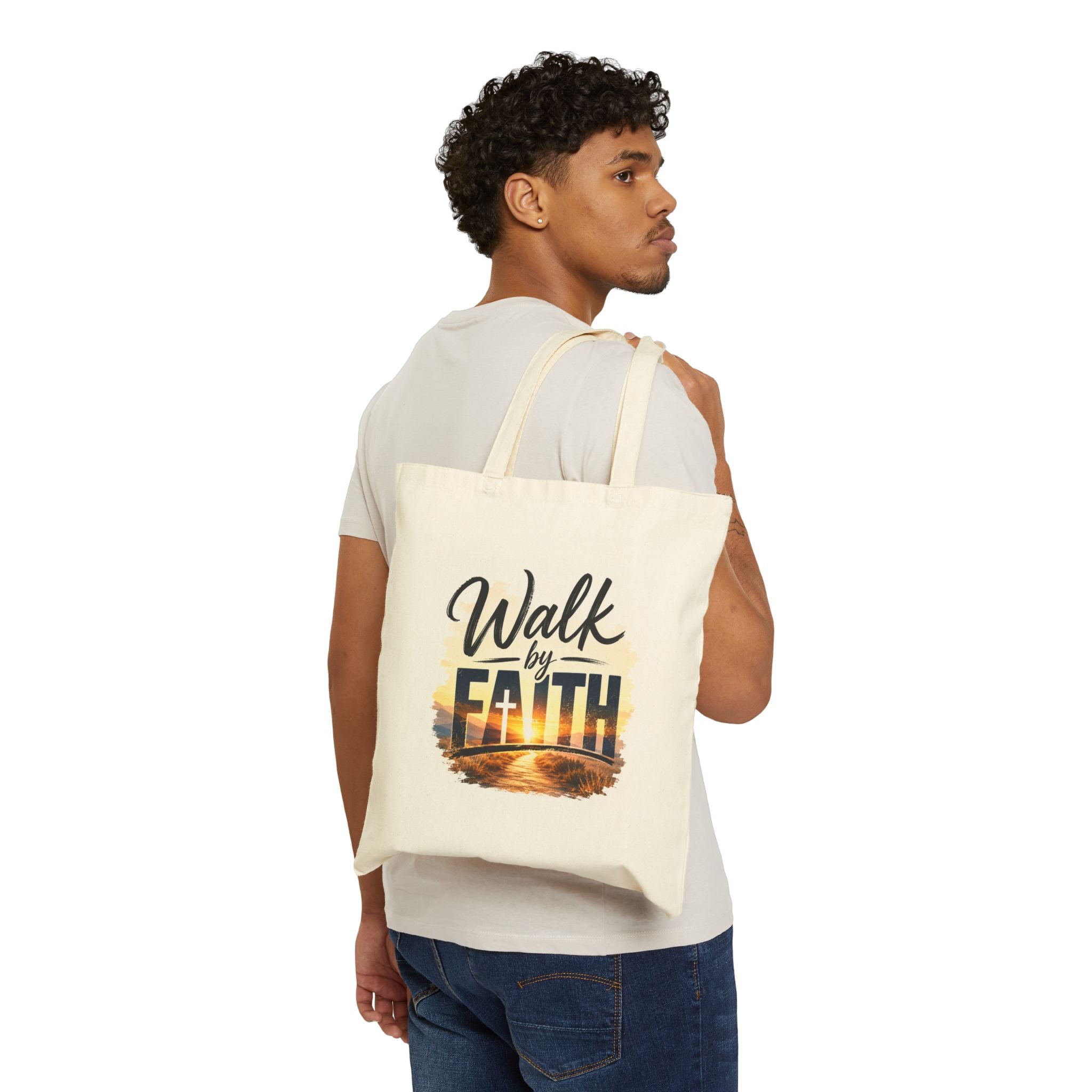 Wear Your Moment Walk by Faith Canvas Tote Bag – Inspirational Christian Beach Bag, 12 oz Cotton, Natural/Black