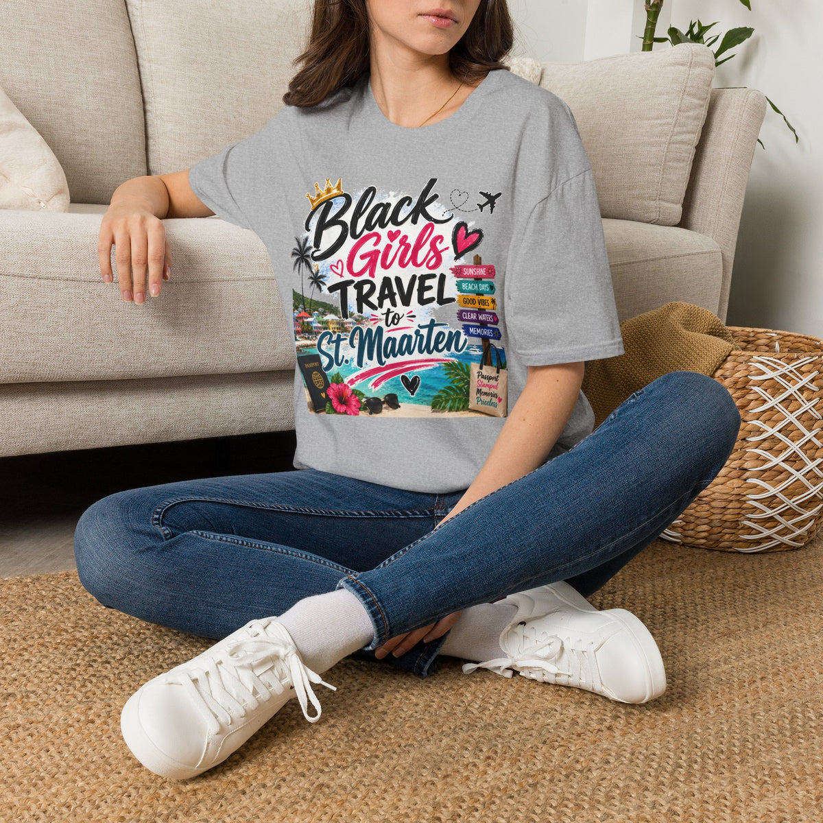 Black Girls Travel to St. Maarten Tee — Island Celebration Graphic, Lightweight OEKO-TEX® Cotton