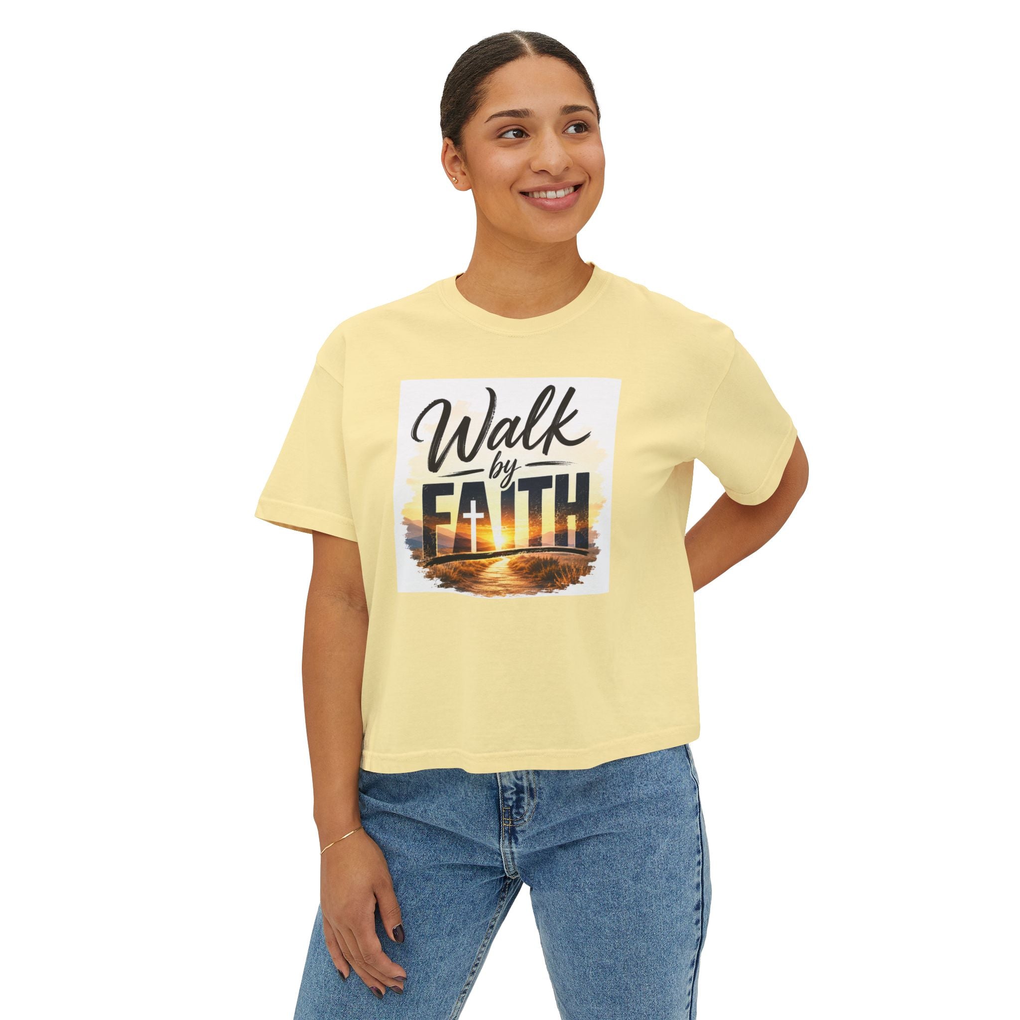 Walk by Faith Women's Boxy Tee — Inspirational Christian Shirt with Sunset Design