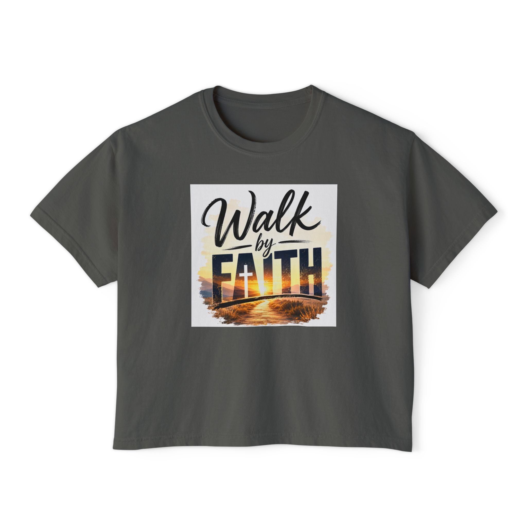 Wear Your Moment Women's Boxy Crop T-Shirt – Walk by Faith Sunset Design, Pigment-Dyed, Sizes S–4XL