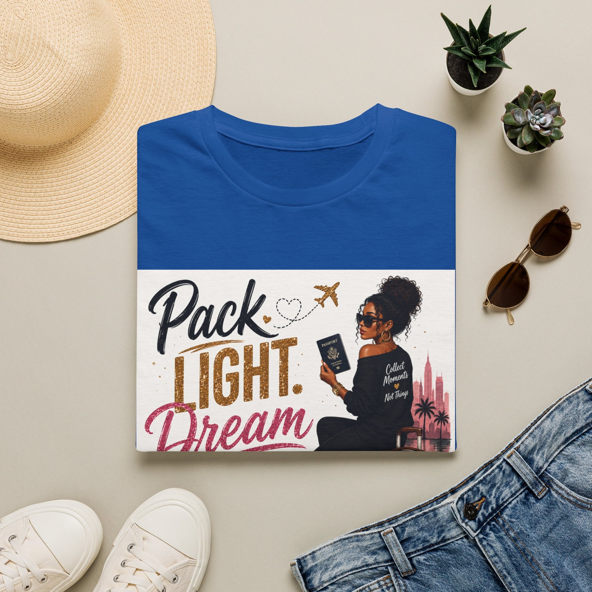 Pack Light Dream Big Travel T-Shirt — Inspirational Vacation Tee for Women