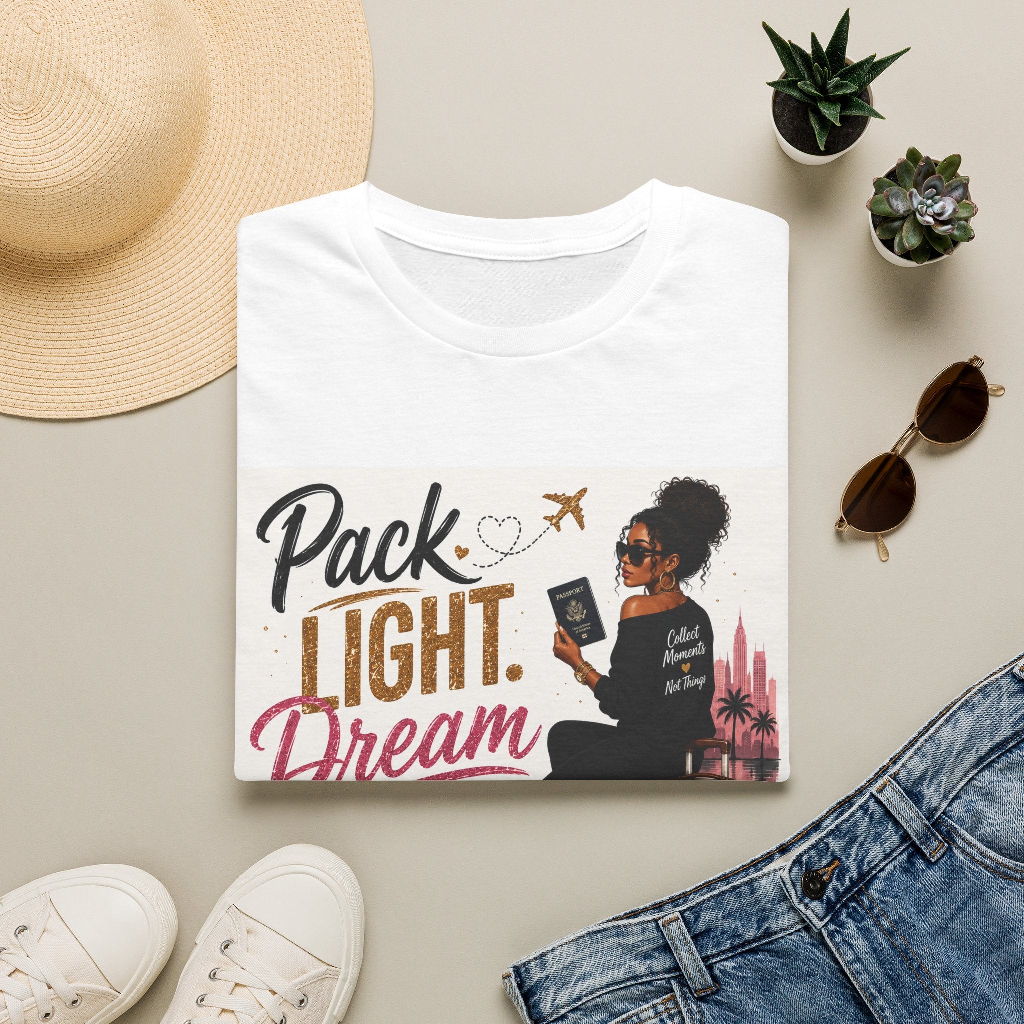Pack Light Dream Big Travel T-Shirt — Inspirational Vacation Tee for Women