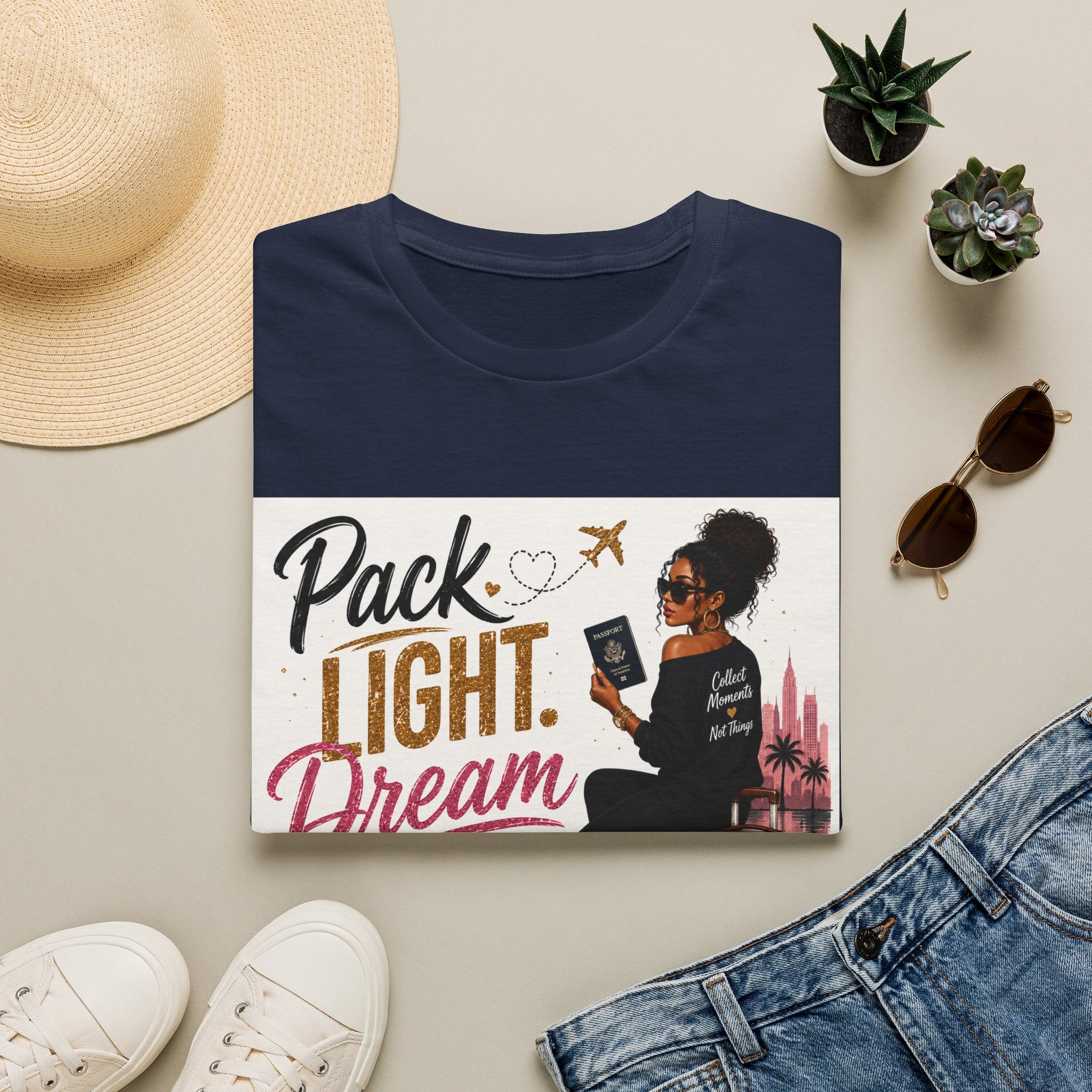 Pack Light Dream Big Travel T-Shirt — Inspirational Vacation Tee for Women