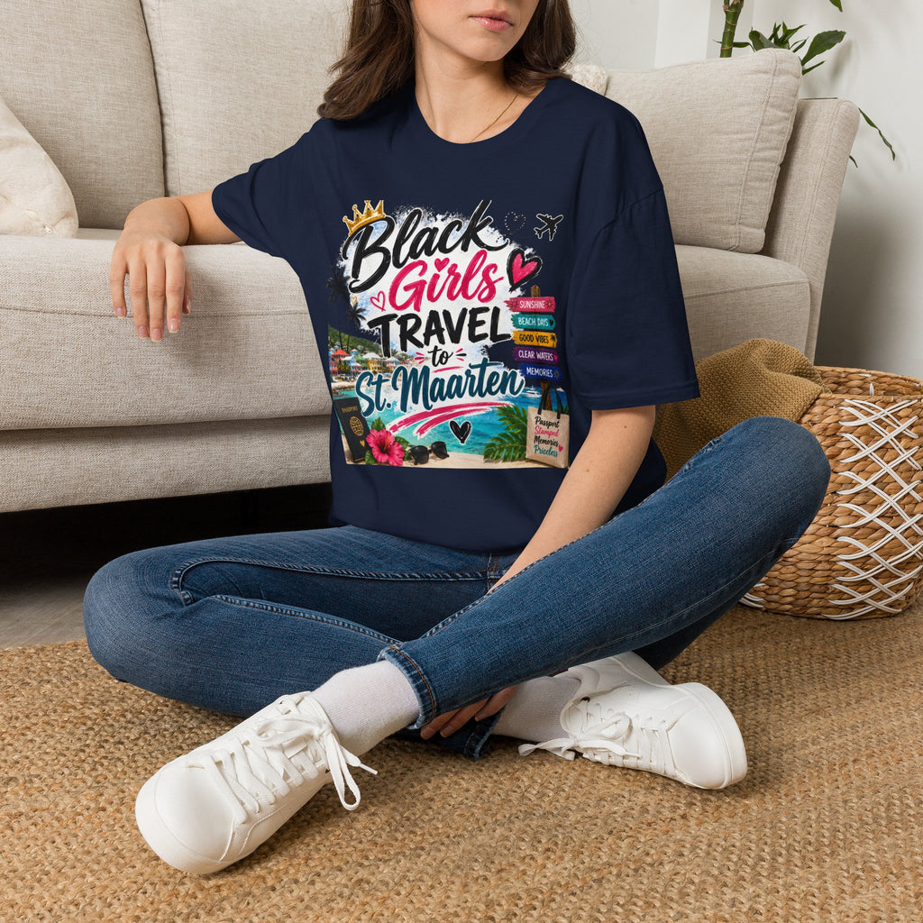 Black Girls Travel to St. Maarten Tee — Island Celebration Graphic, Lightweight OEKO-TEX® Cotton