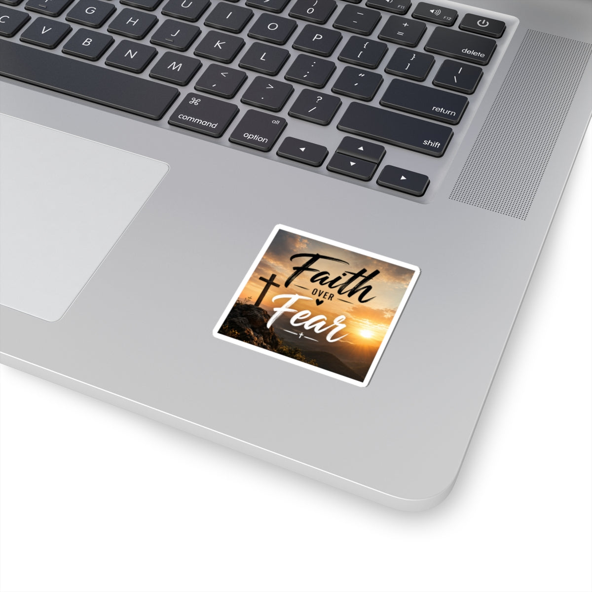 Wear Your Moment Faith Over Fear Kiss-Cut Vinyl Sticker – Sunrise Cross, 4 Sizes, Christian Decal