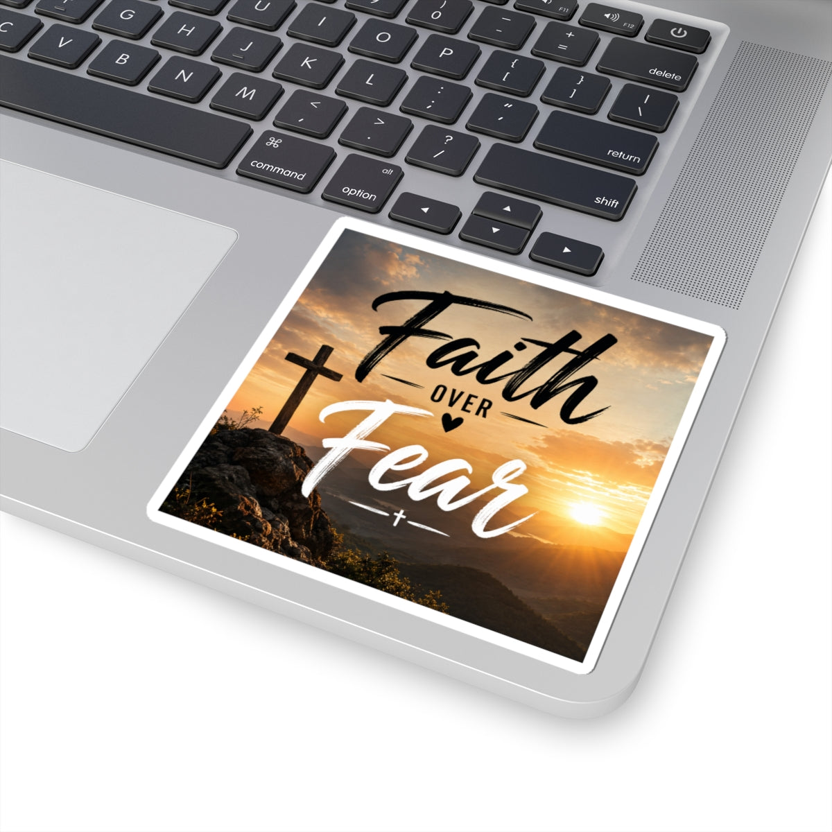 Faith Over Fear Sticker — Inspirational Christian Kiss-Cut Decal (Sunrise Cross)