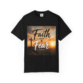 Faith Over Fear T-Shirt — Inspirational Christian Tee with Sunrise Cross Design