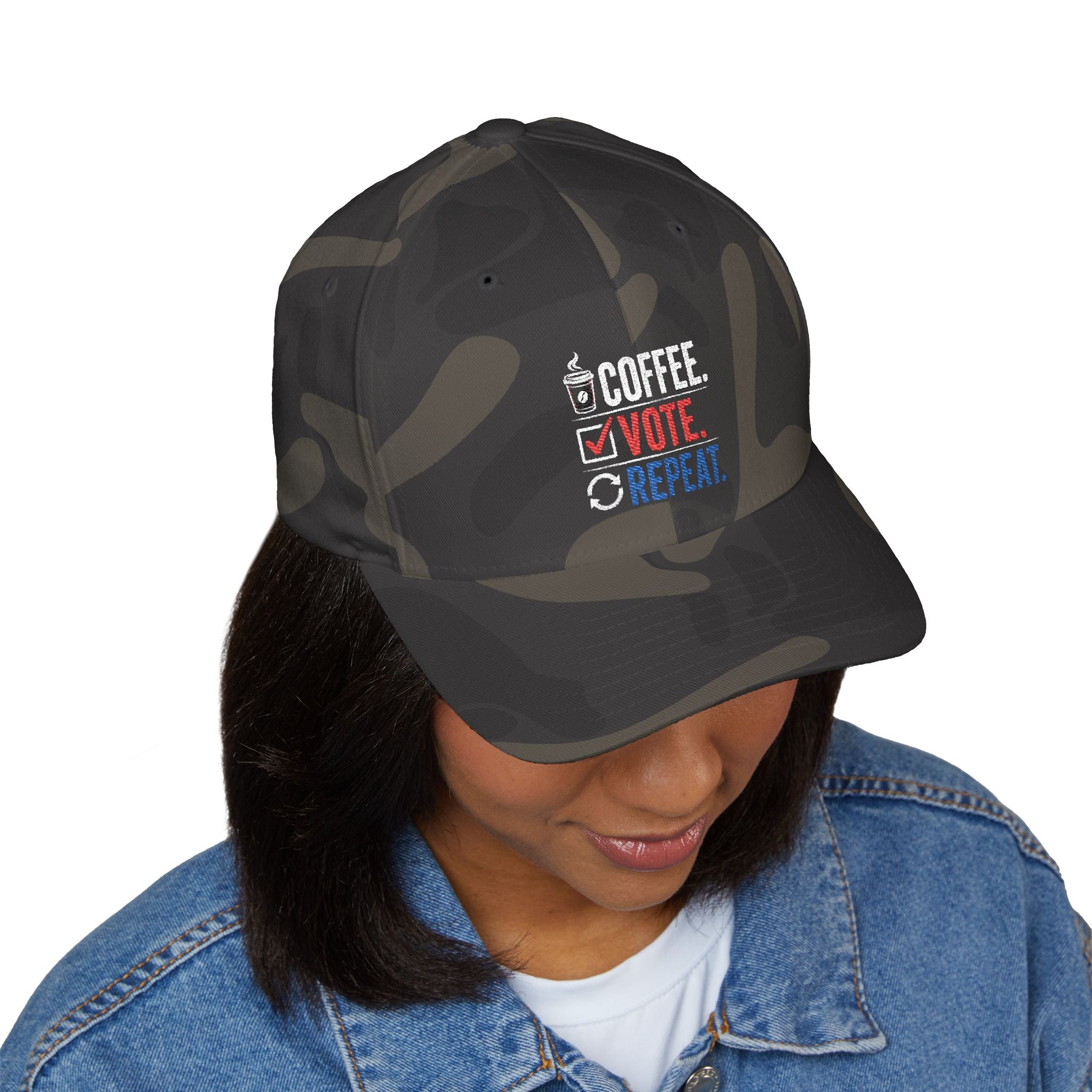 Embroidered 'Coffee. Vote. Repeat.' Cap — Political Activism Baseball Hat