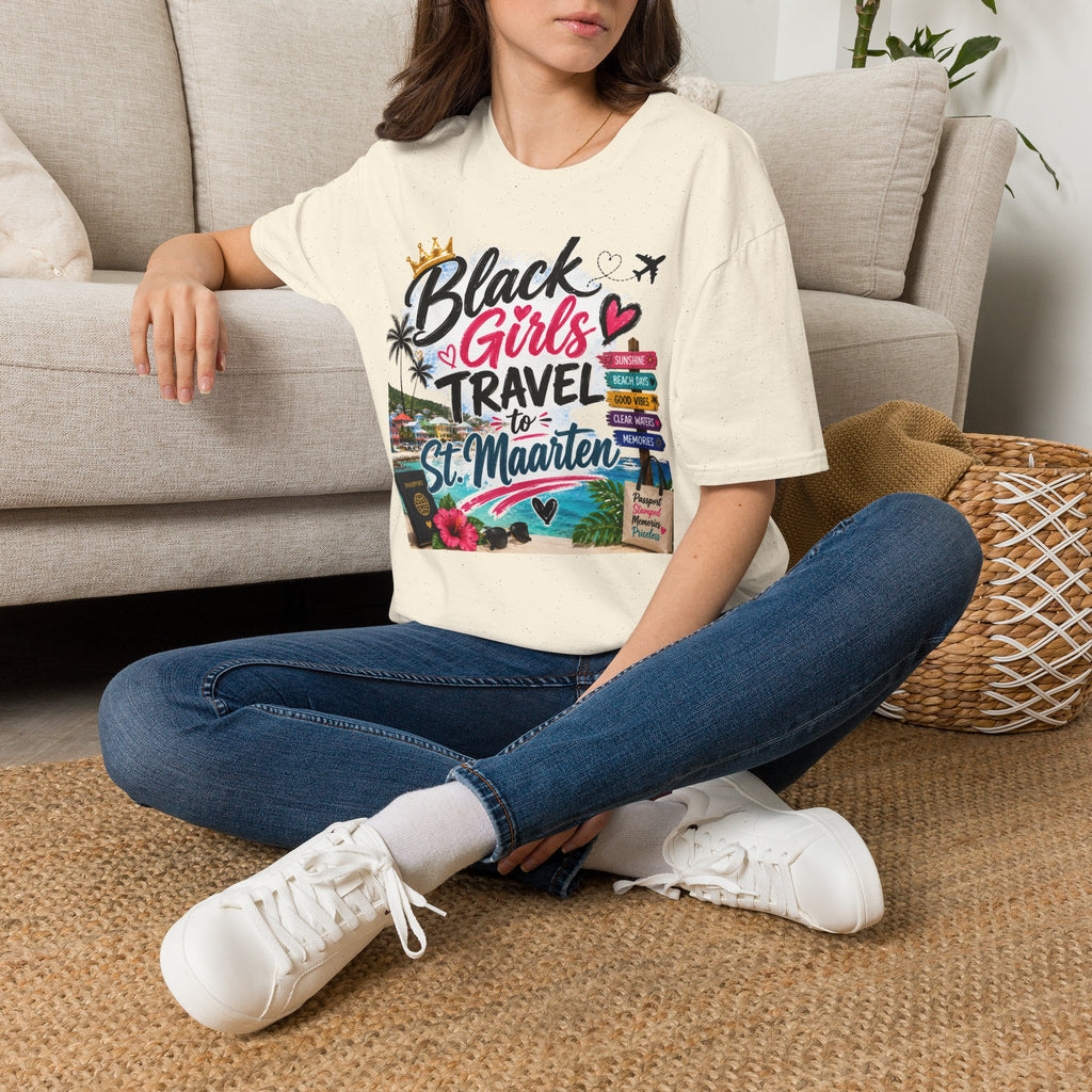 Black Girls Travel to St. Maarten Tee — Island Celebration Graphic, Lightweight OEKO-TEX® Cotton