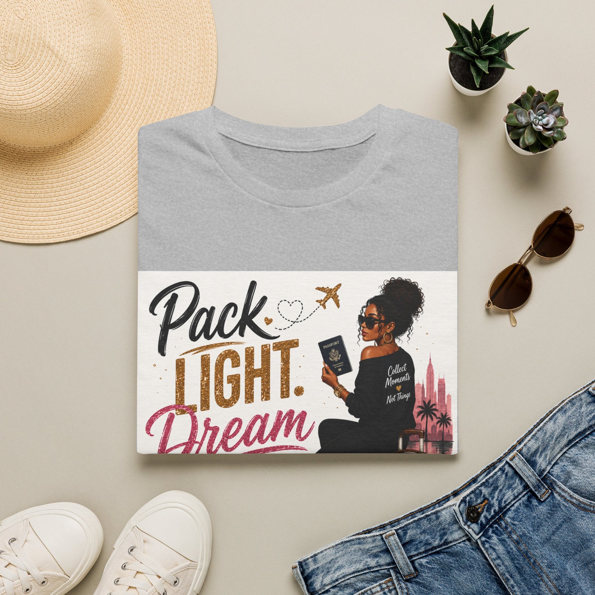 Pack Light Dream Big Travel T-Shirt — Inspirational Vacation Tee for Women