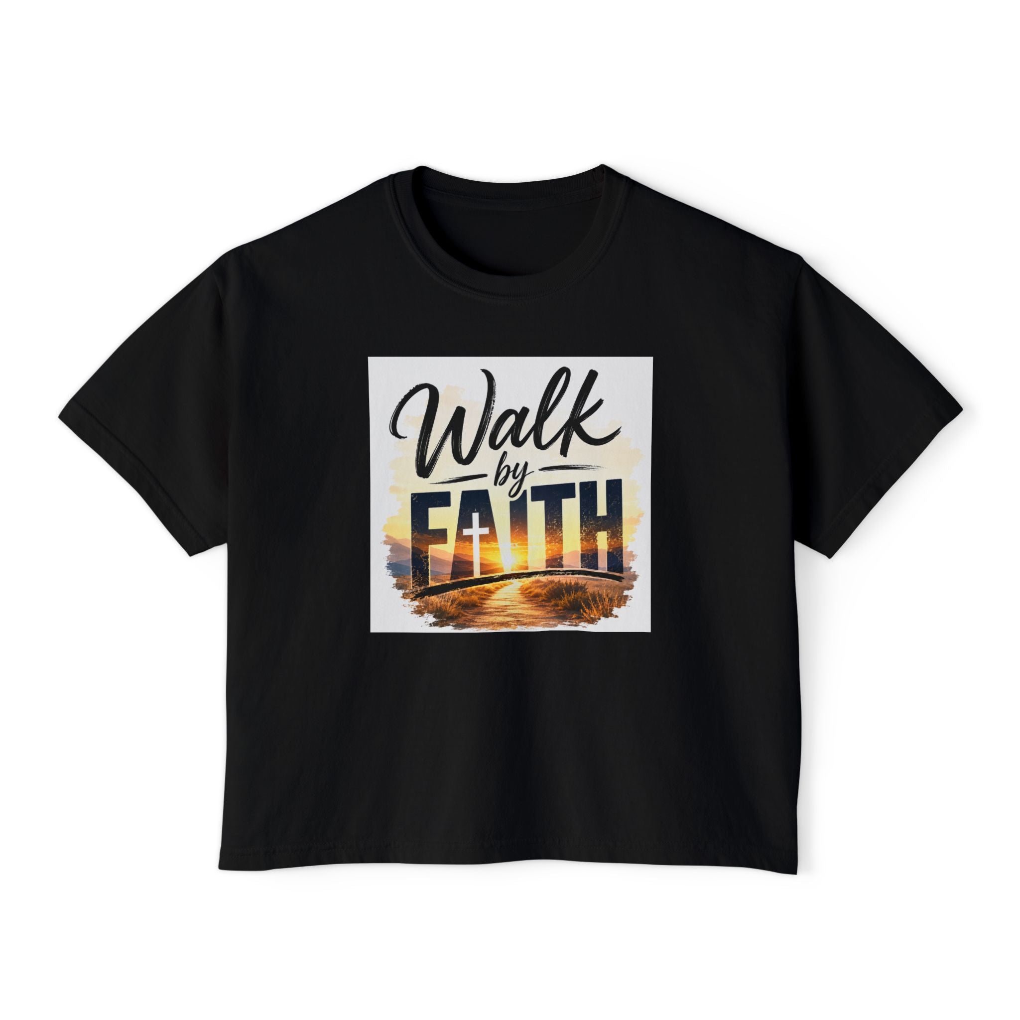 Wear Your Moment Women's Boxy Crop T-Shirt – Walk by Faith Sunset Design, Pigment-Dyed, Sizes S–4XL