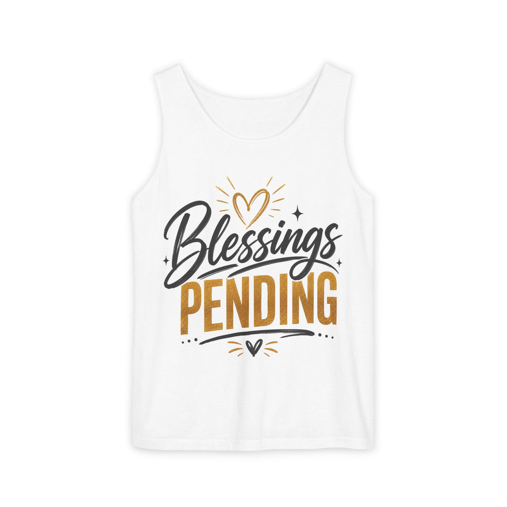 Blessings Pending Tank Top — Pregnancy Announcement Graphic, Garment-Dyed Cotton