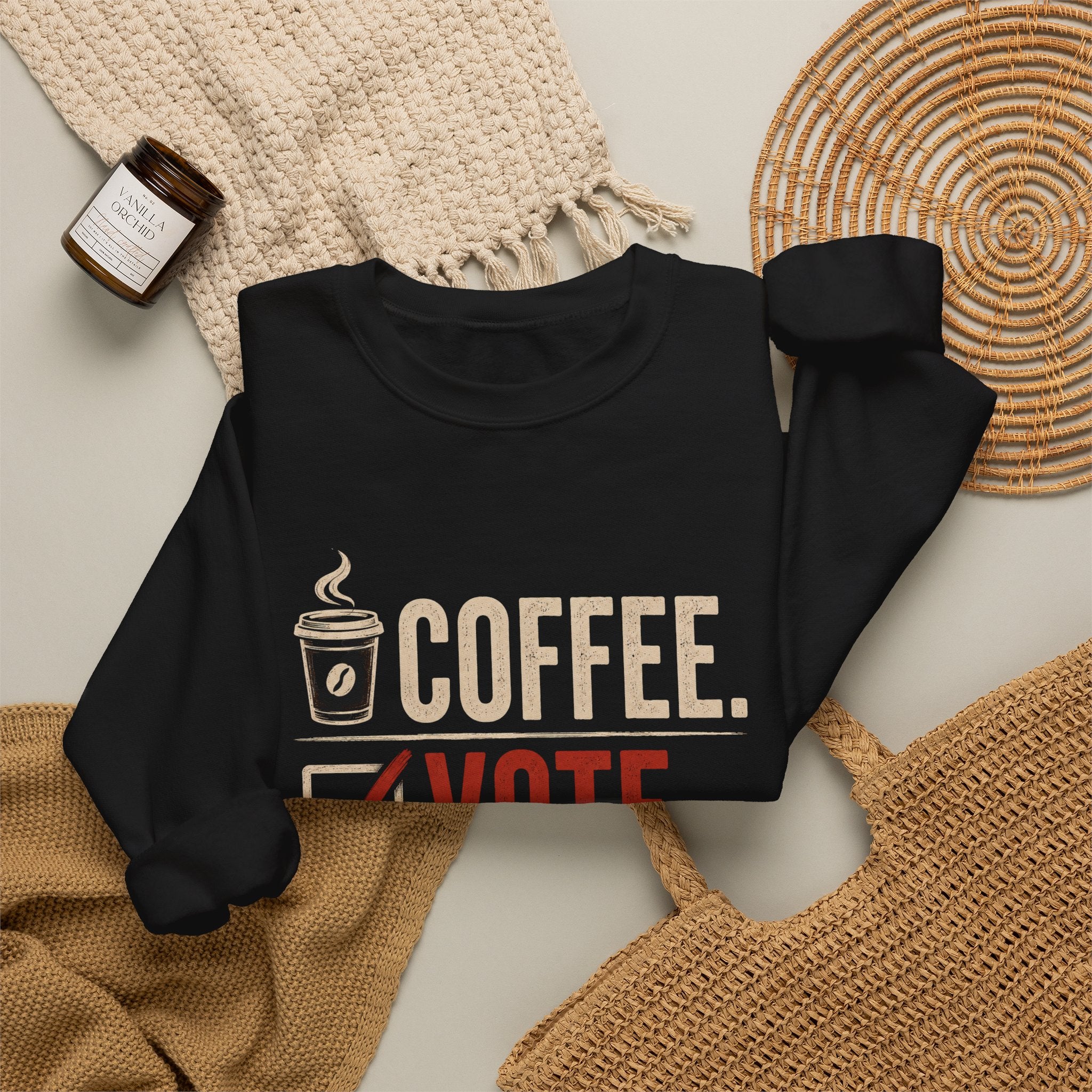 Crewneck Sweatshirt — Coffee. Vote. Repeat. Graphic Pullover