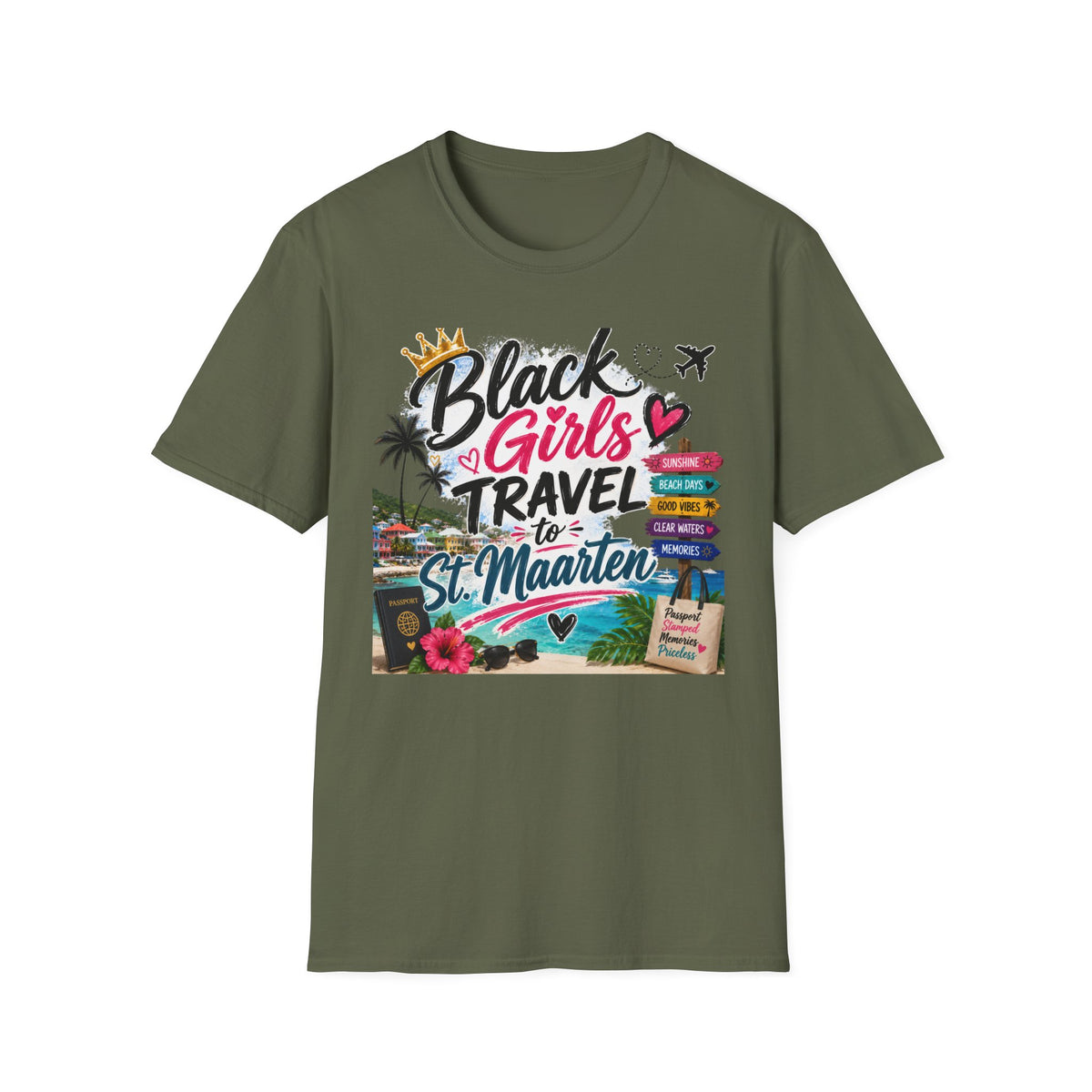 Black Girls Travel to St. Maarten Tee — Island Celebration Graphic, Lightweight OEKO-TEX® Cotton